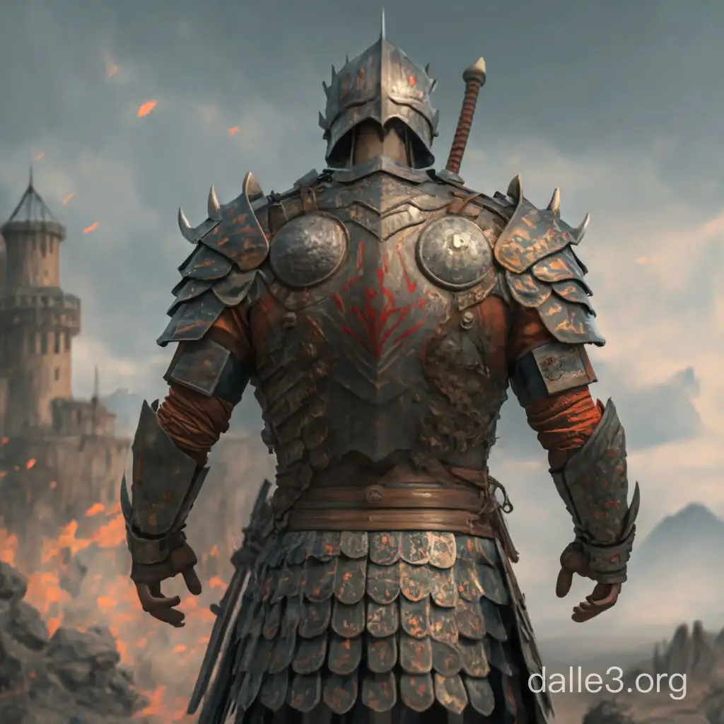 Character description: Character is standing in the middle of the picture, he is turned around with his back on us, he is wearing bulky iron armor. Armour has dragon scales and traditional kyrgyz ornaments on it, shoulder blades are dragon scale like. Character is facing a bunch of enemies with swords, there's fire around. Colors of the image should be shades of red, brown and yellow.