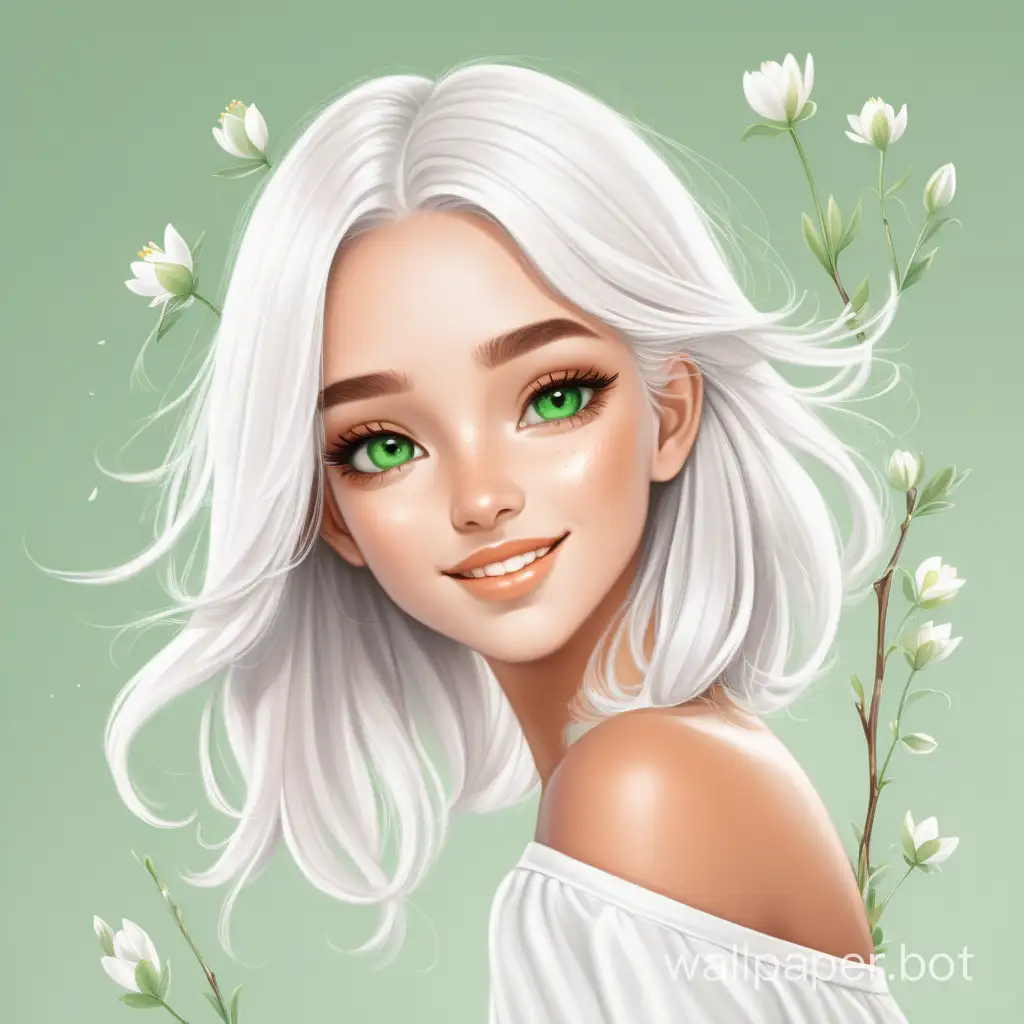 art illustration graphics. Spring girl, full-length on a white background, green eyes, white hair, perfect caramel skin, light makeup, gentle smile, smooth, sharp focus
