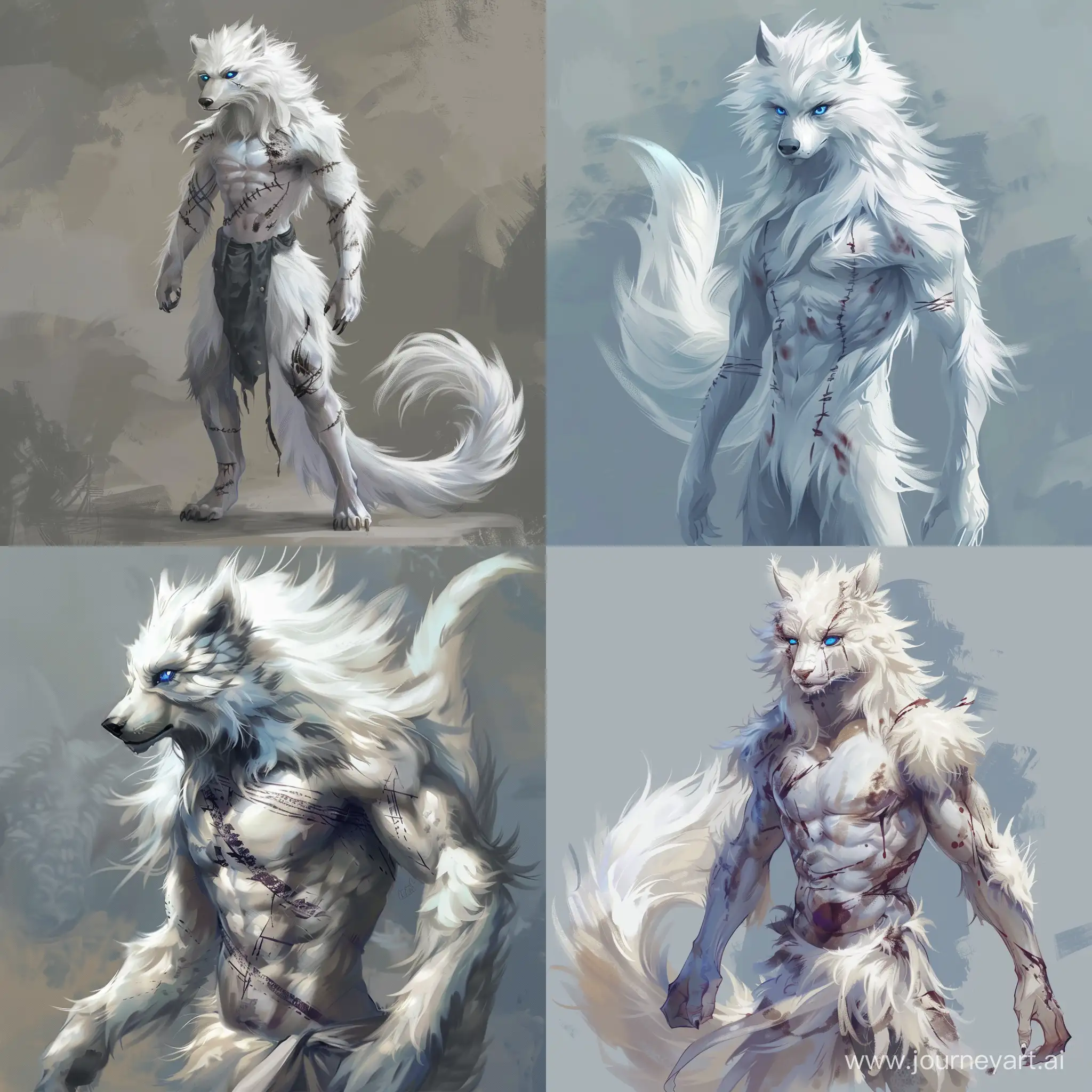 Male werewolf. White fluffy fur. Blue eyes. Scars across all body. Long tail. Thin and slender body.