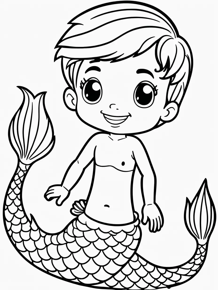 Simple Smiling Mermaid Boy Coloring Page for 3YearOlds