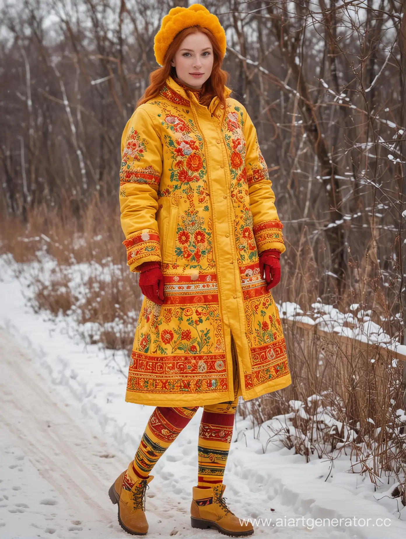 Зимой рыжая русская царевна носит красно-жёлто-оранжевую куртку с хохломской росписью, жёлтые перчатки и шапку с помпоном и этикеткой. На ногах штаны с красной и жёлтой полосами.