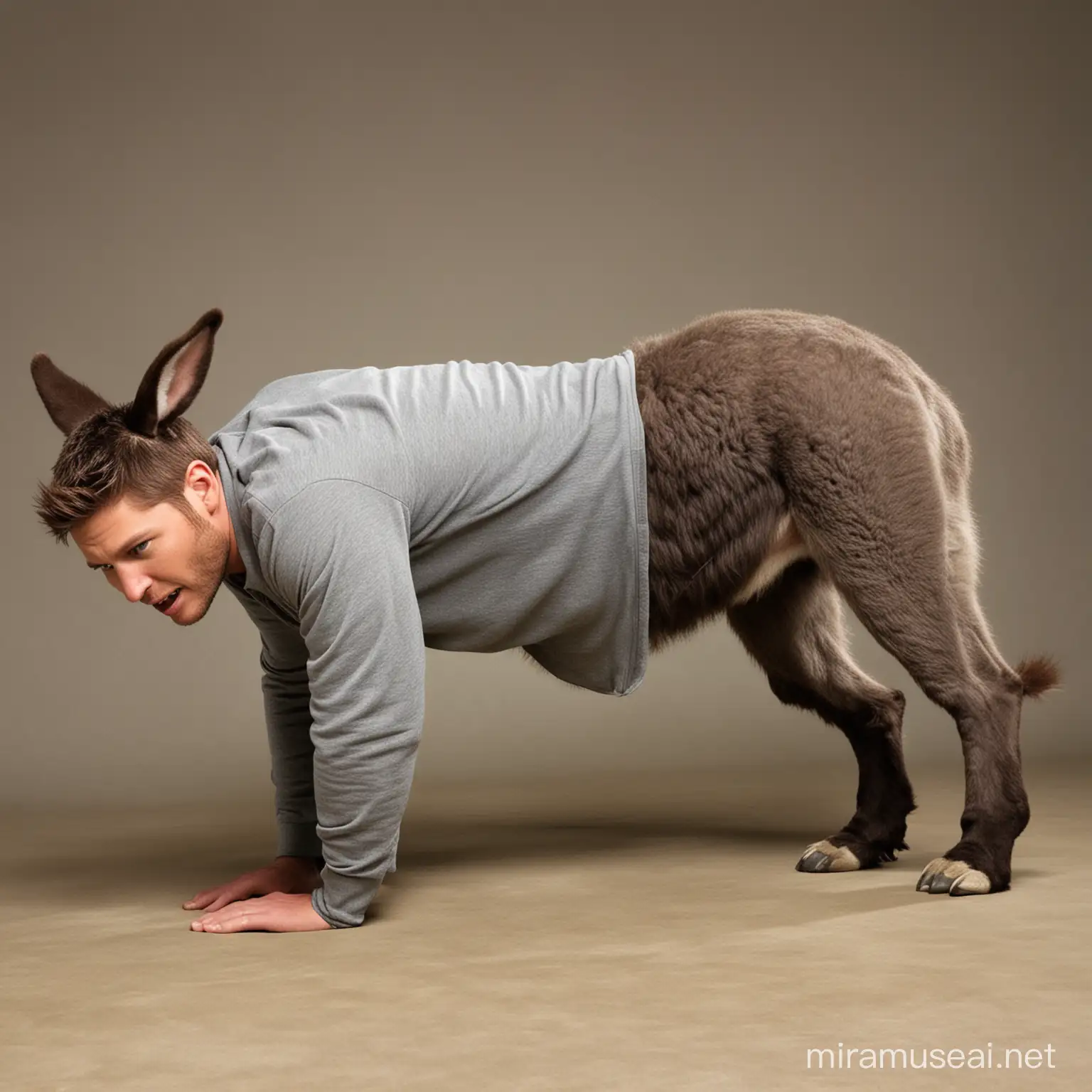 Jensen Ackles on all fours transforming into a donkey. He has donkey ears. He has donkey legs. He has donkey hooves. He has a donkey tail. He has a complete donkey body. And he's braying like a donkey. But his head is human.