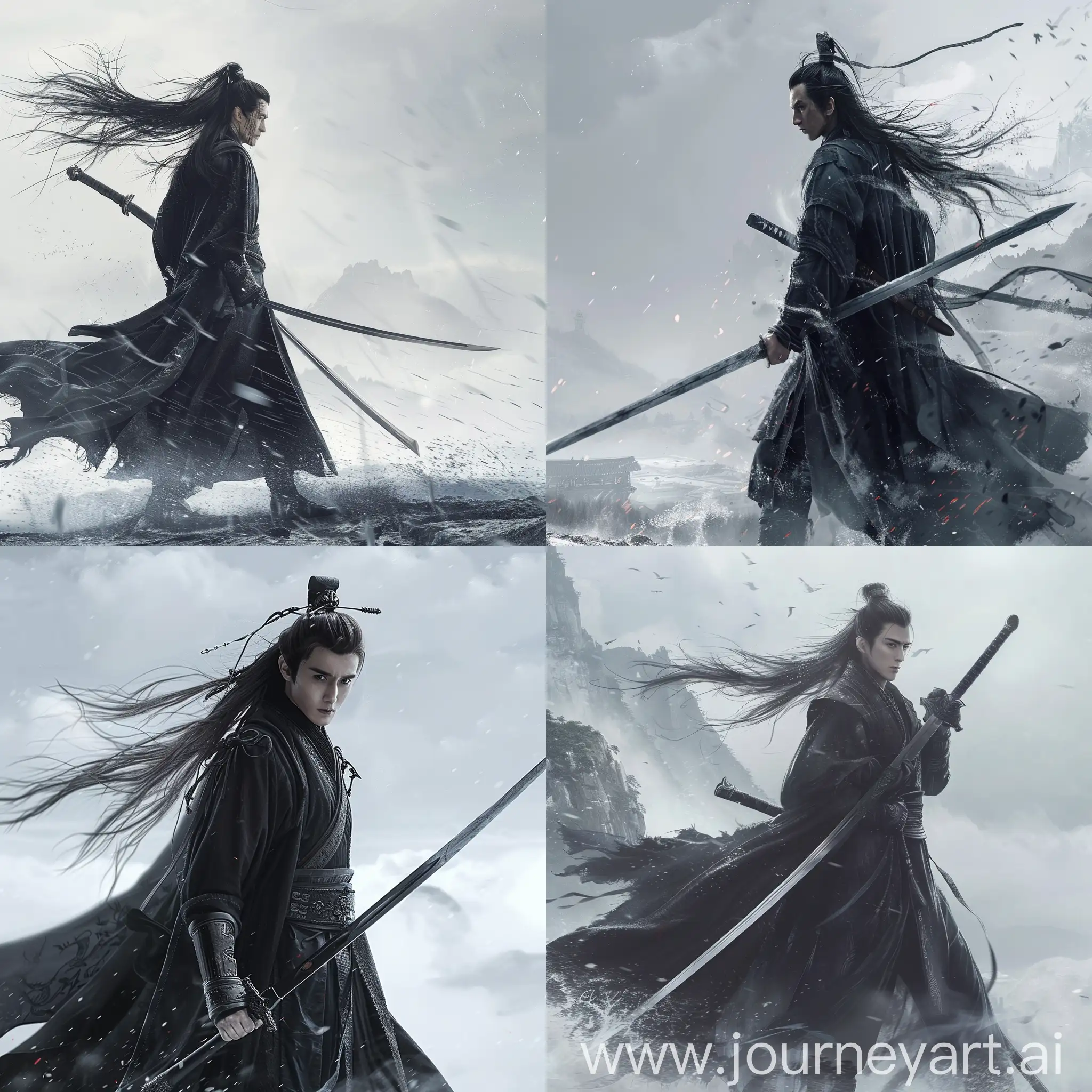 A hero stands tall in the cold wind with a long sword,Long hair, handsome facevortex,traditional Chinese style,dynamic sense,Wuxia,award-winning,cinematic style