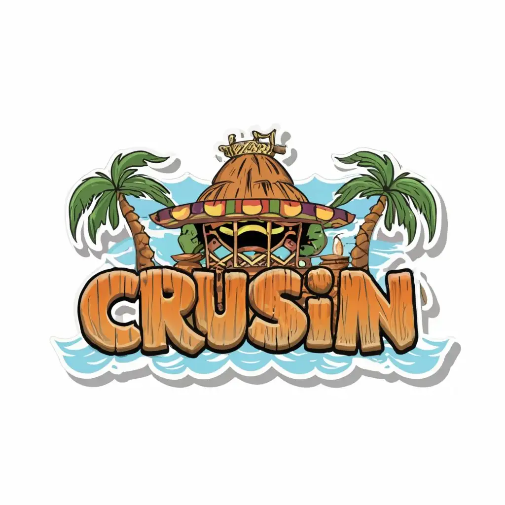 logo, imagine prompt:beach scene tiki bar, Sticker, Joyful, Secondary Color, Deviant Art, Contour, Vector, White Background, Detailed, no words, highly detailed colorful image, with the text "Crusin", typography