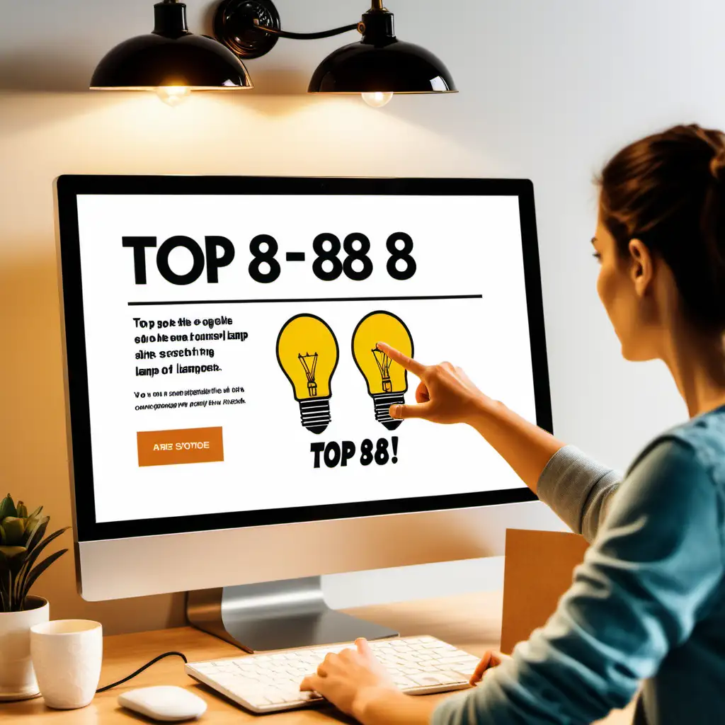 Zdjęcie przedstawia grafikę z napisem "TOP8" na grafice widać  ludzi  około 30tki wybierających lampy w sklepie internetowym, widać ekran komputera z bliska i jedna z osób pokazuje palcem na jedną z kilku lamp widocznych na ekranie komputera
