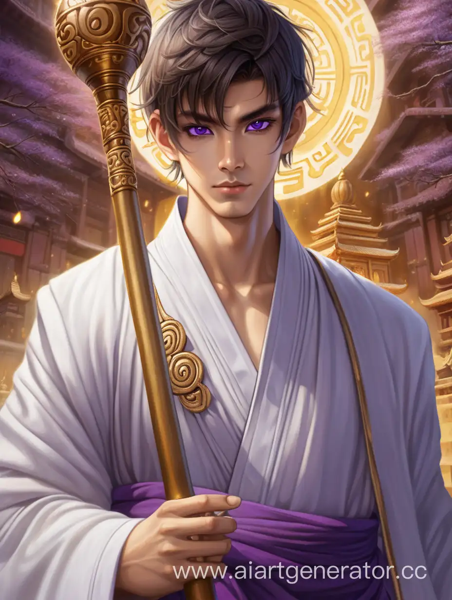 Очаровательный юноша, буддистский монах, большие фиолетовые глаза, белый халат, золотой посох в руке, красивый парень