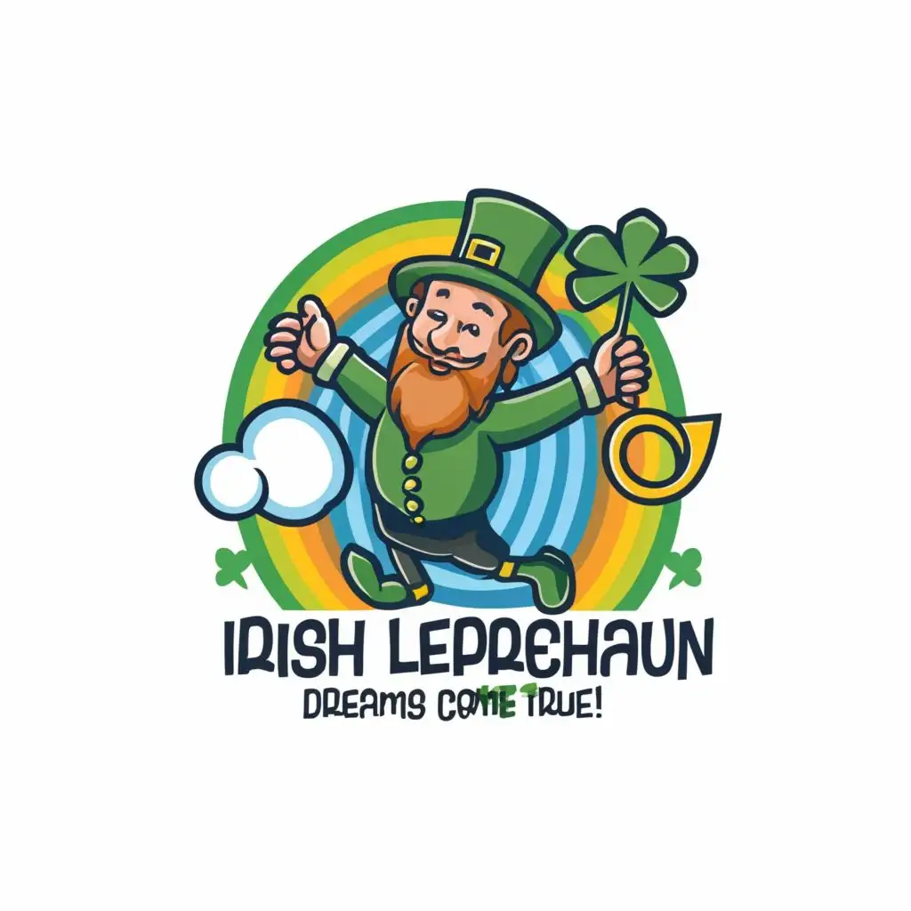 logo, Irish Leprechaun and Rainbow with spade in hand., with the text "Irish Leprechaun DREAMS can COME TRUE!", typography, be used in Internet industry