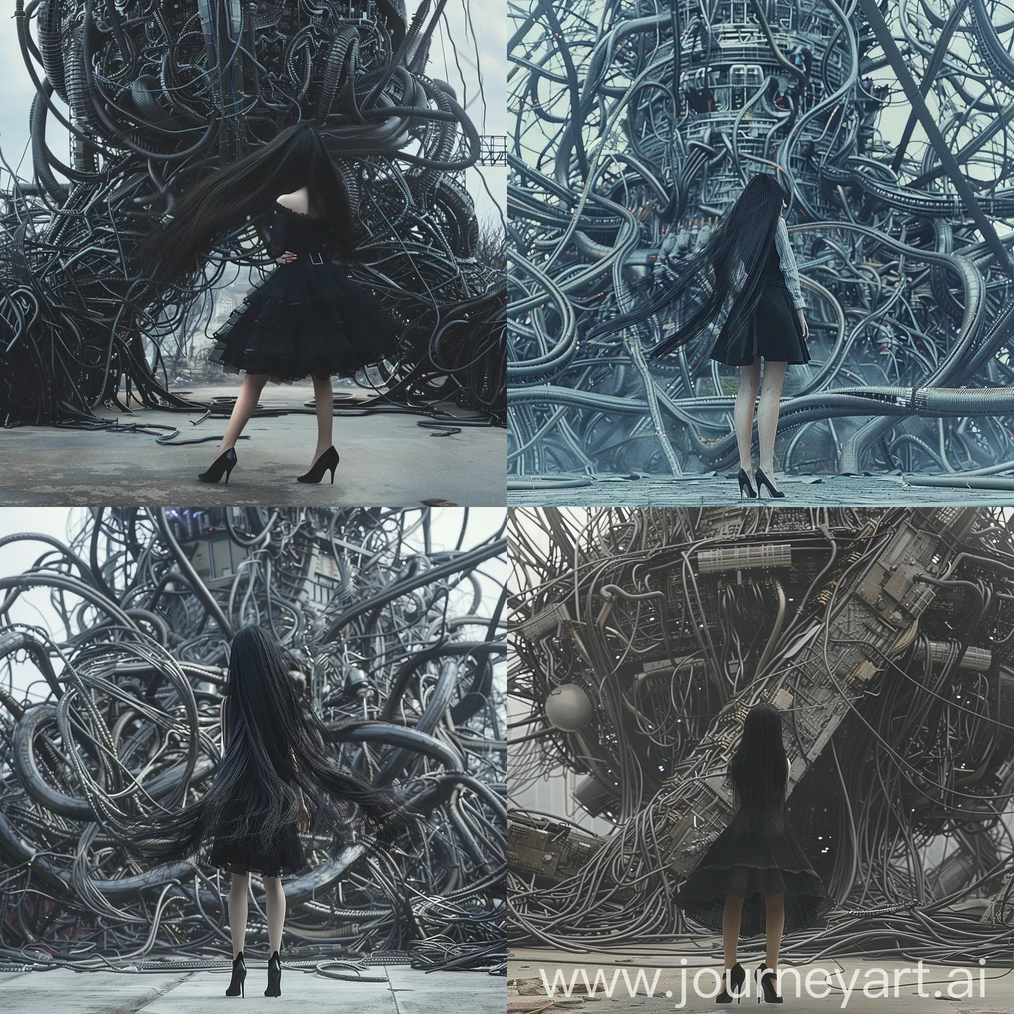 a beauty girl, full body, no face , with black long hair, black skirt, high heels, standing in front of an outdoor alien high-tech device. The device is as high as three stories, spanning the full width of the screen, filled with large, tangled p