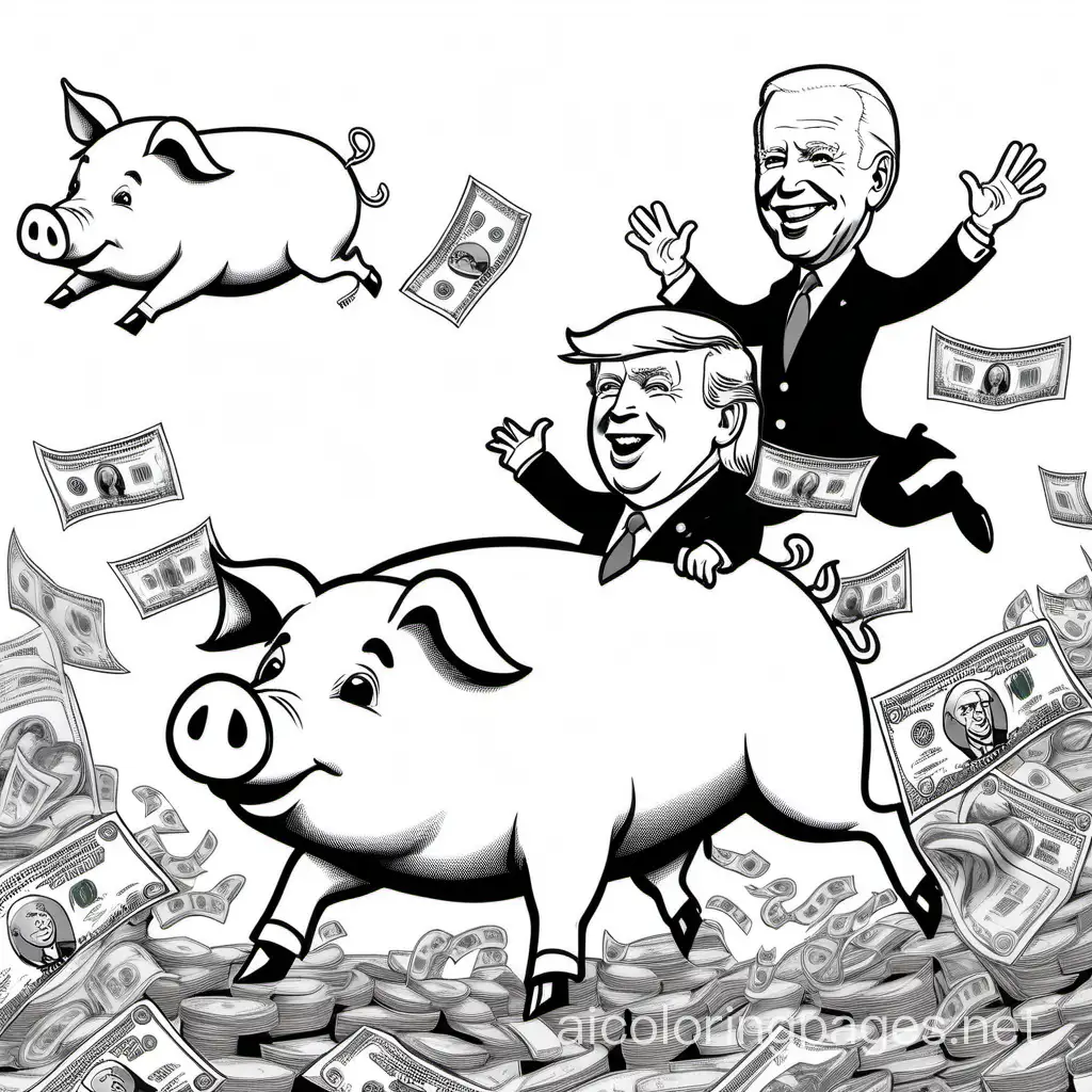 Biden and Trump on a pig flying through money, Coloring Page, black and white, line art, white background, Simplicity, Ample White Space. The background of the coloring page is plain white to make it easy for young children to color within the lines. The outlines of all the subjects are easy to distinguish, making it simple for kids to color without too much difficulty