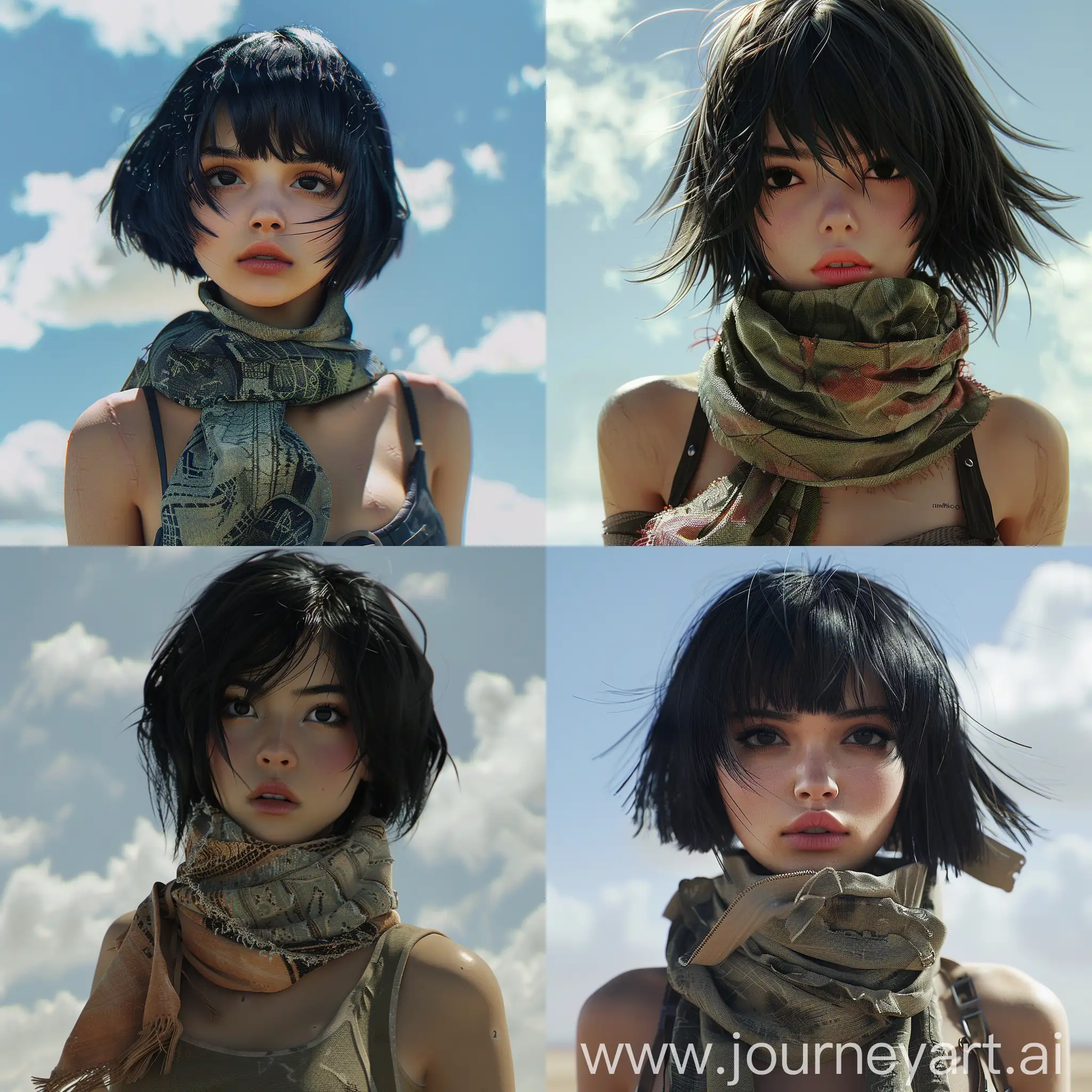 (masterpiece, best quality) AnnaMetroExodus, 1girl, solo, looking at viewer, short hair, black hair, bare shoulders, upper body, outdoors, parted lips, sky, sleeveless, scarf, black eyes, lips, realistic <lora:epi_noiseoffset2:1>,  <lora:add_detail:0.7>,  <lora:AnnaMetroExodus:0.8>