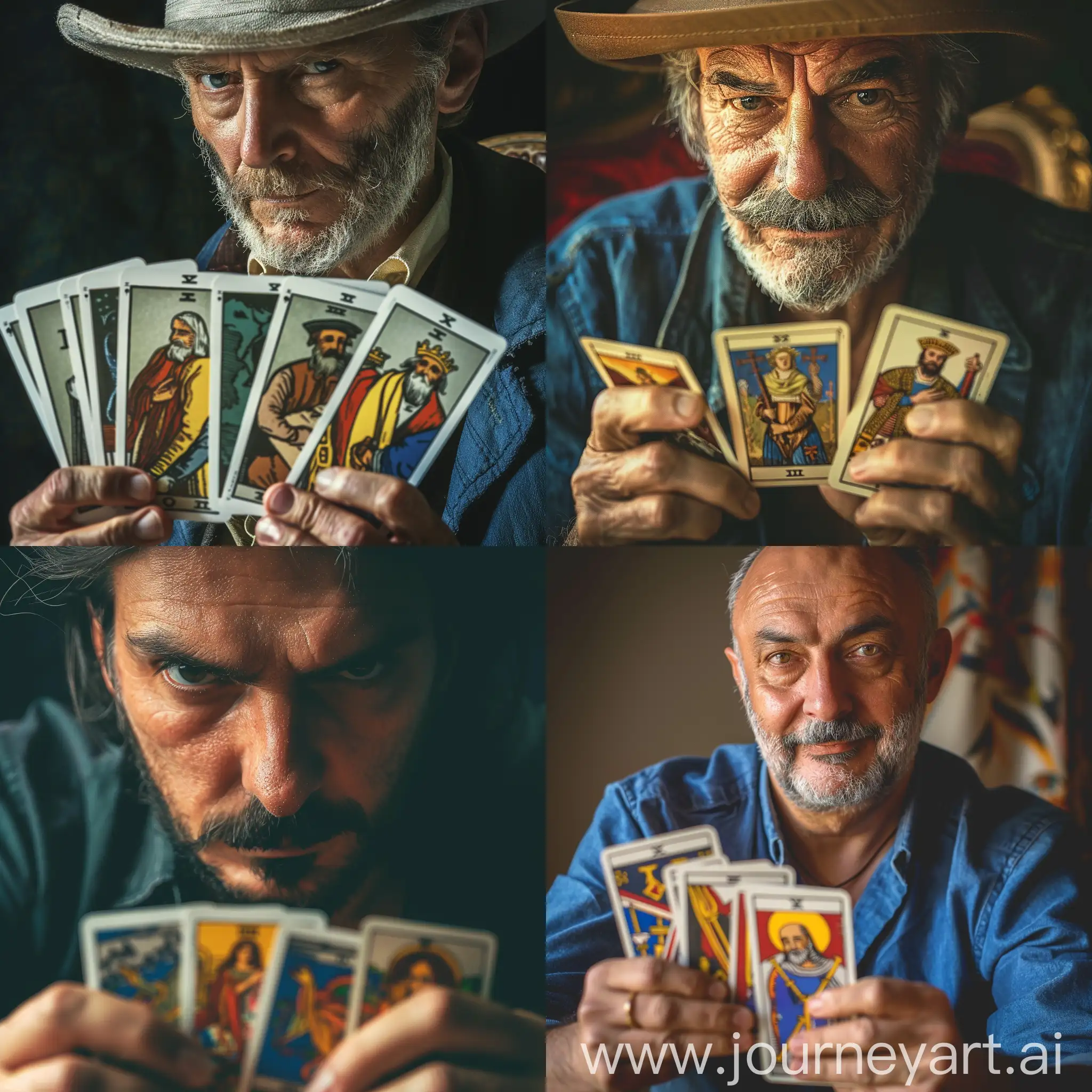 a mysterious man
From the front and close view
He is holding tarot cards