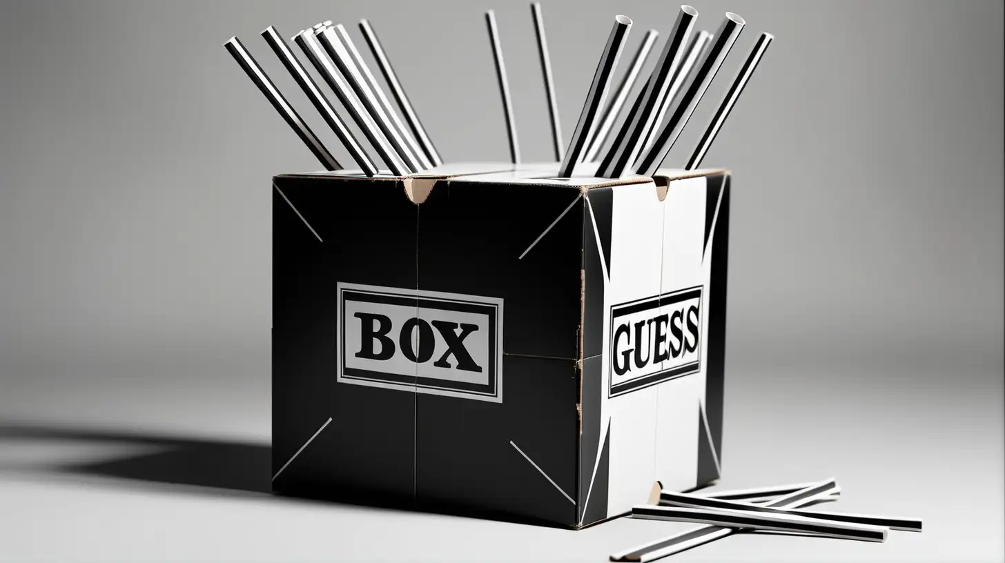 its a drinking guess game
the box is closed
the top has  straws
the box black and white
with the background at a party