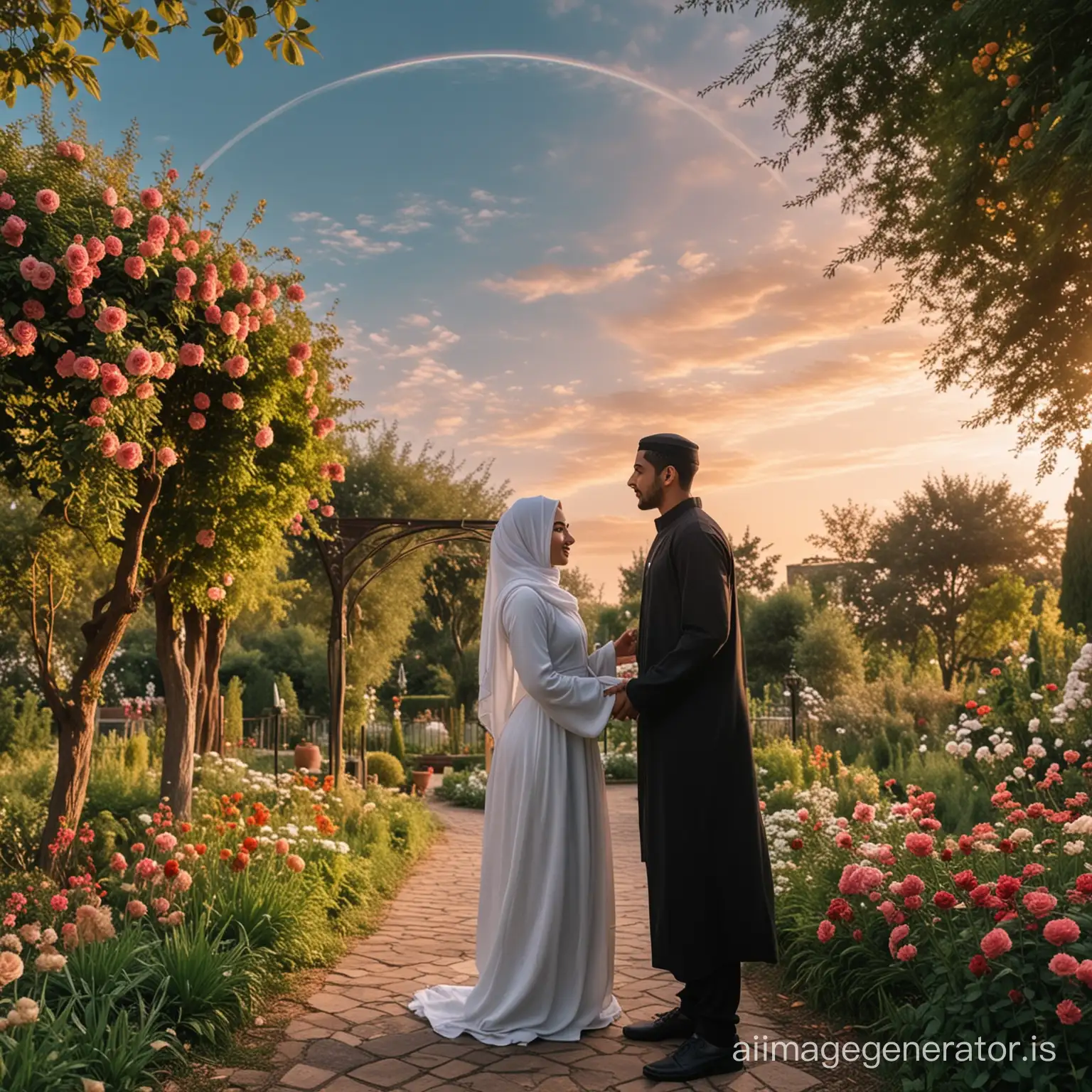 A beautiful hijabi girl is standing in a garden with a beautiful Muslim boy in a hijab and there is an arc in the sky.
