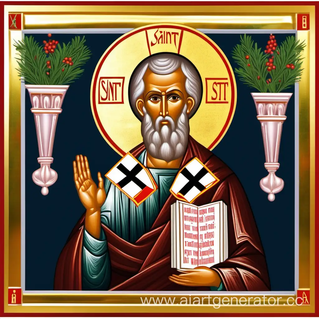 Saint Sylvestre à la façon icône byzantine, avec une branche de gui dans les 2 mains
