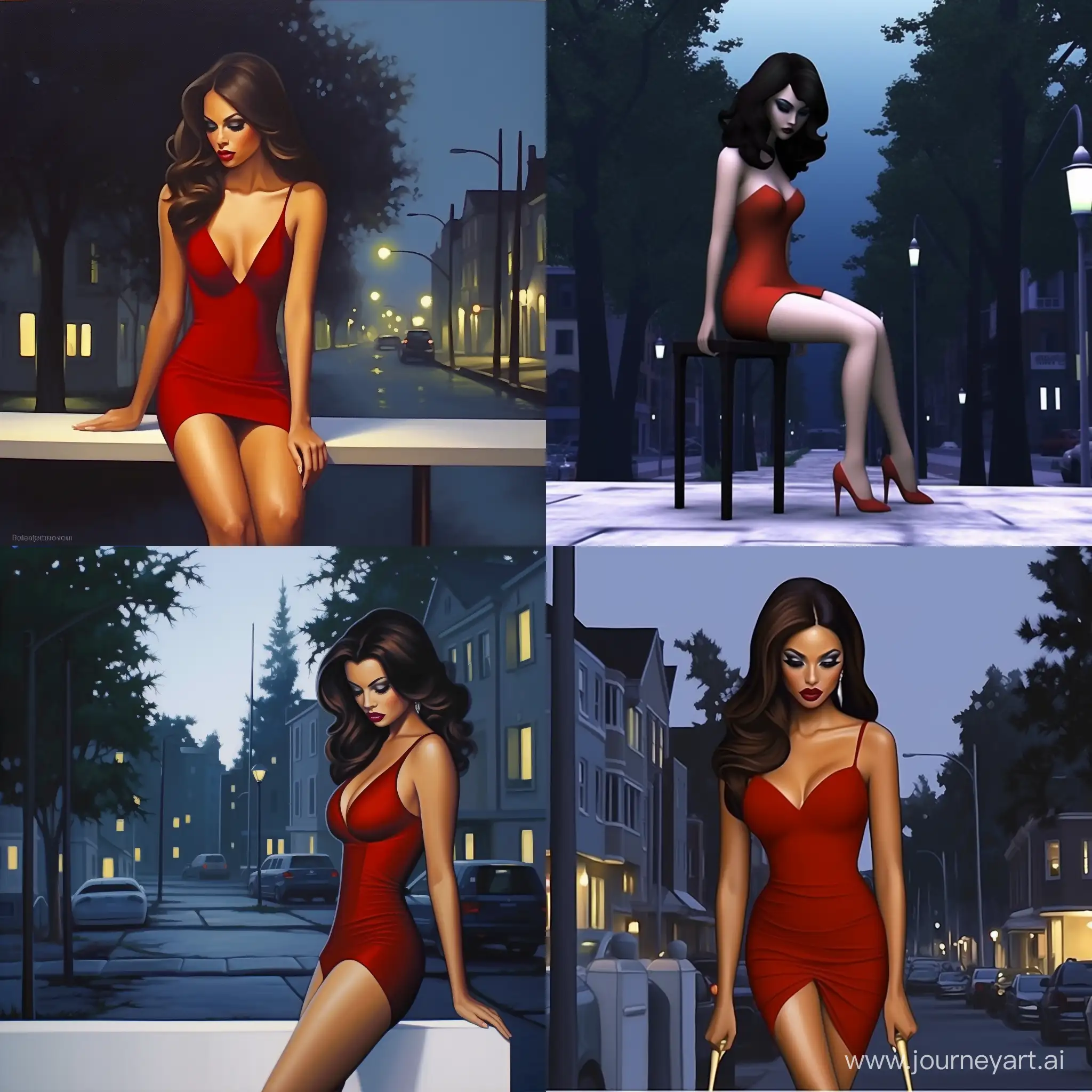 Elegant-Evening-Stroll-Glamorous-Red-Dress-and-High-Heels-in-City-Lights