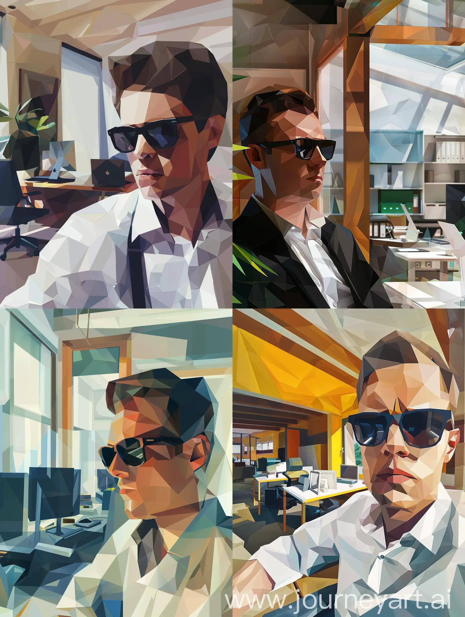 Geometric-Office-Interior-LowPoly-Man-with-Sunglasses