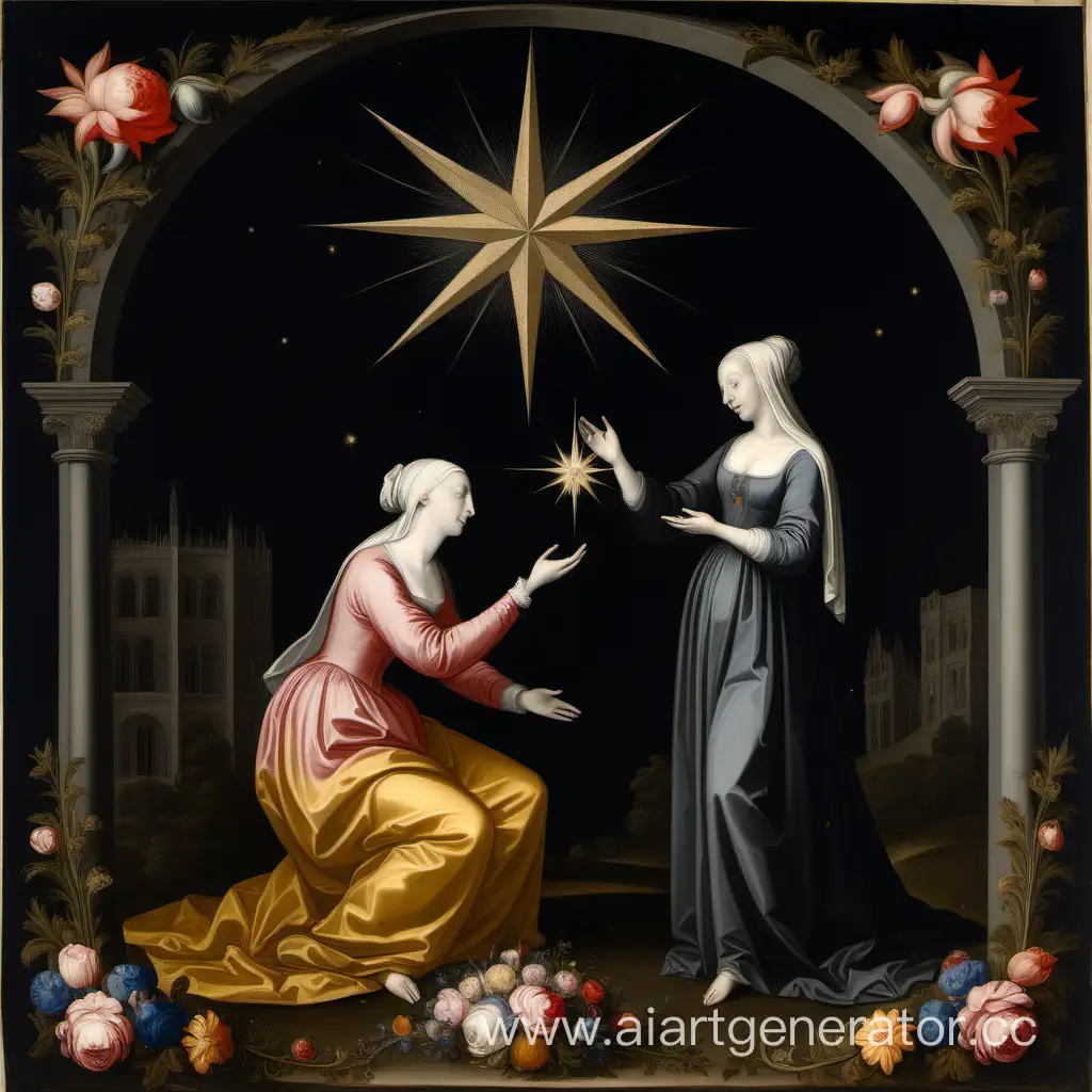 femme en deuil passant une étoile à une femme resplendissante coiffée de fleurs façon Quentin de la Tour