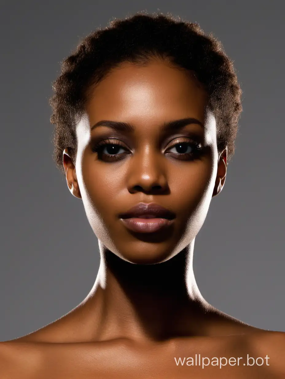 Please create a photo of a black female model, with her body facing the camera, her face turned to the right, and only the part below her chin exposed. The face does not need to appear in the photo, please give a close-up of the neck area, the camera flash is from the front, and no shadows appear.
