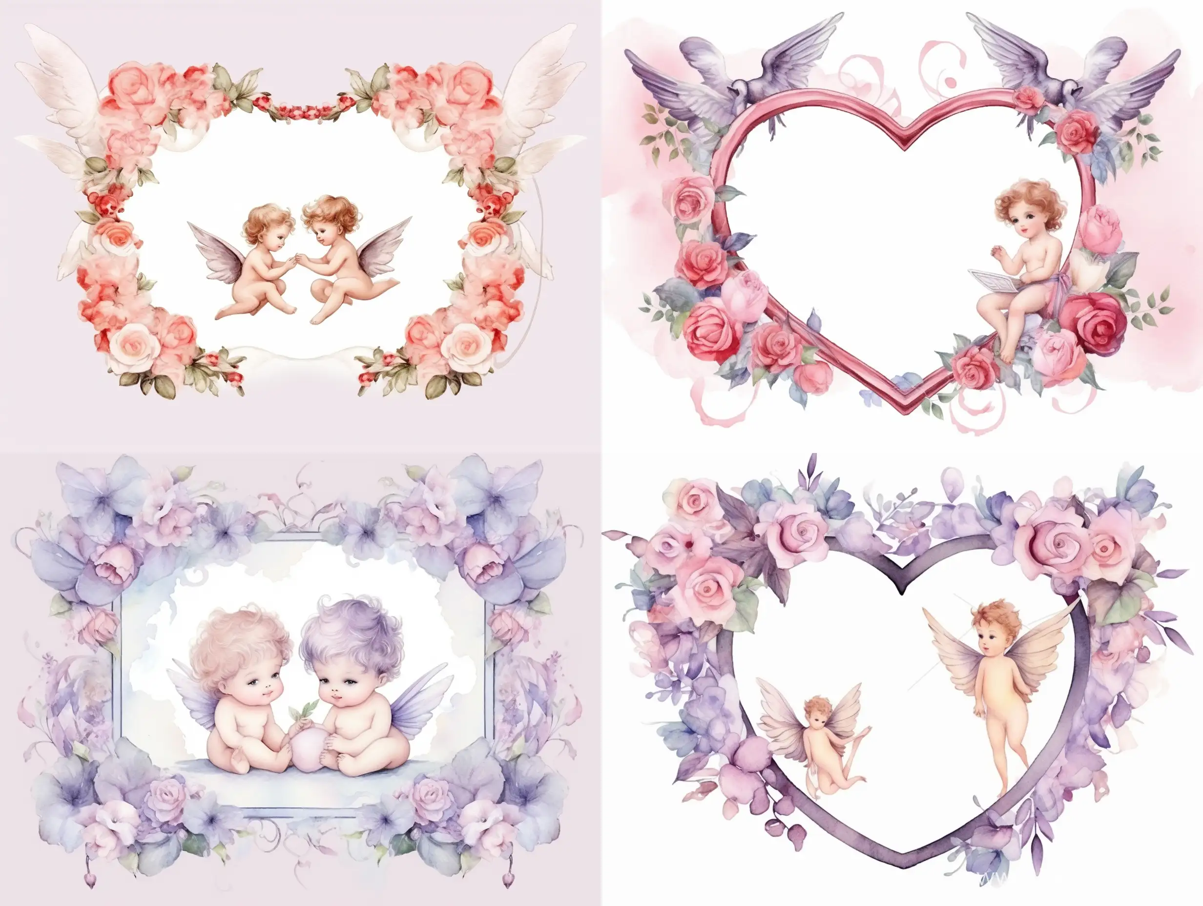 frame with flowers, cupids, hearts, clouds, watercolor