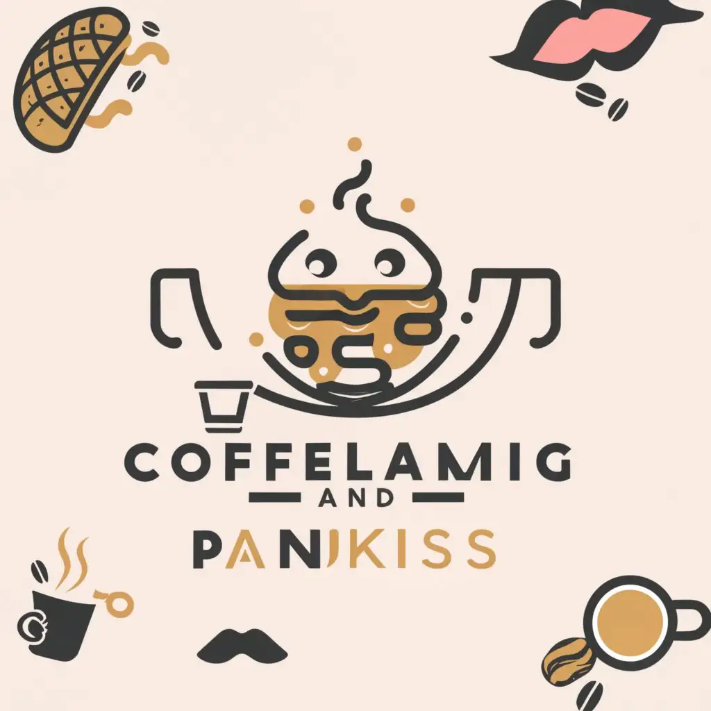 a logo design,with the text "Coffelamig  ×  Pankiss", main symbol: a pancakes in the middle inside a cooking pan and also in the left side of the pan is a lips and in the right side of the pan is coffee ,Minimalistic,be used in Entertainment industry,clear background