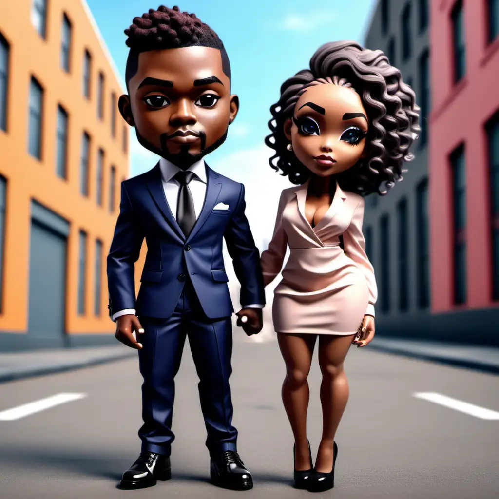 Beautiful African American chibi Couple, realistic, 4k, man wearing full suit, shirt and shoes match colours. Woman in full length dress, full makeup, natural hairstyle, elegant. Urban background