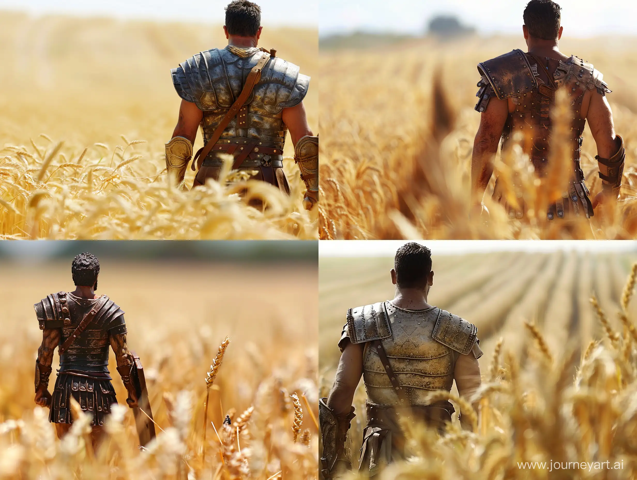 The Gladiator walking on wheat field, DOF, intricate view, Canon EOS 5D shot 55 mm, close up, view from back