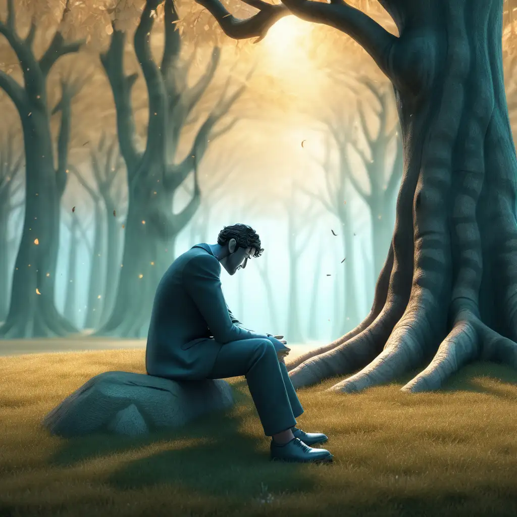 Create a 3D illustrator of an animated image of a man sitting alone under the tree in a forest and mourning for his failure. Beautiful spirited background illustrations.
