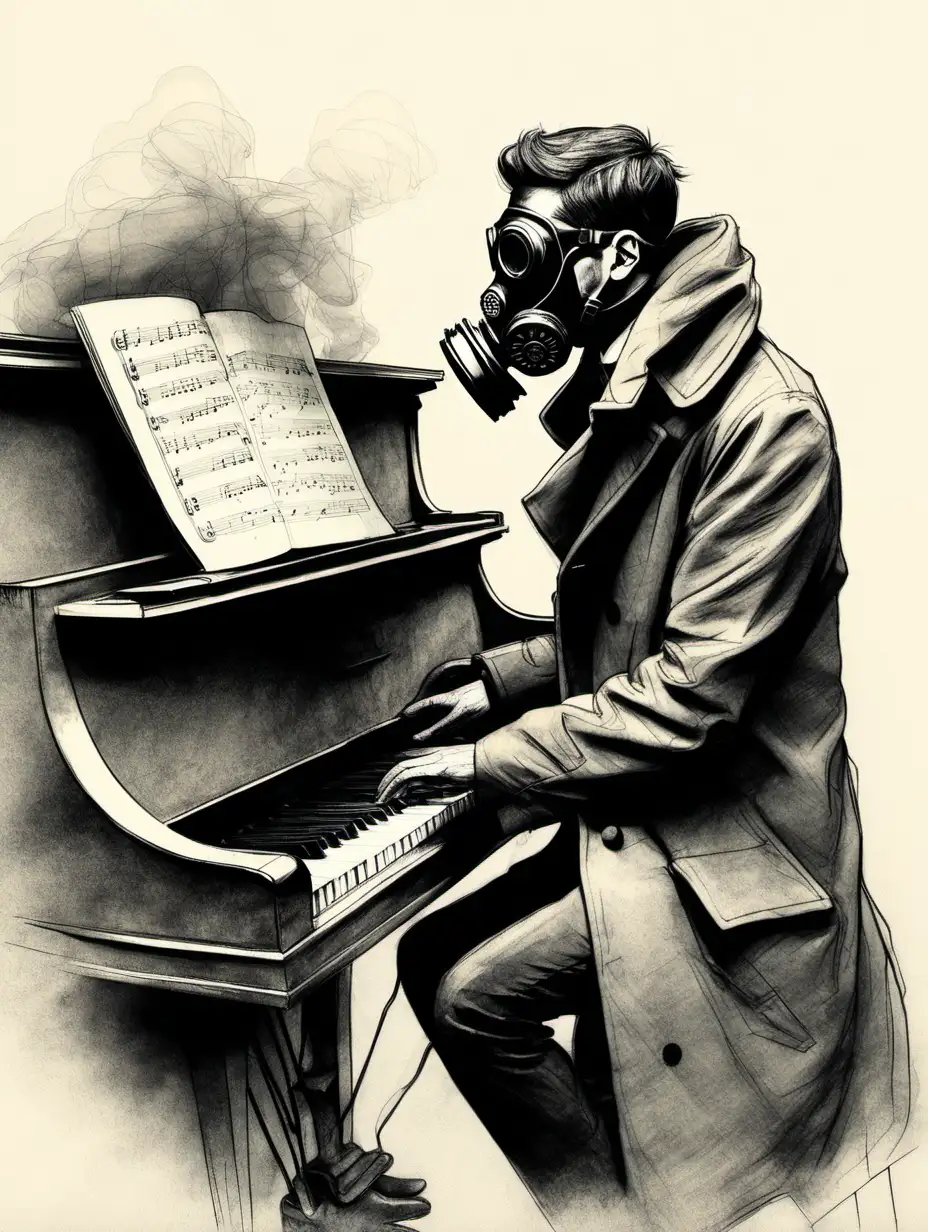 Gas Masked Gentleman in Overcoat Playing Piano