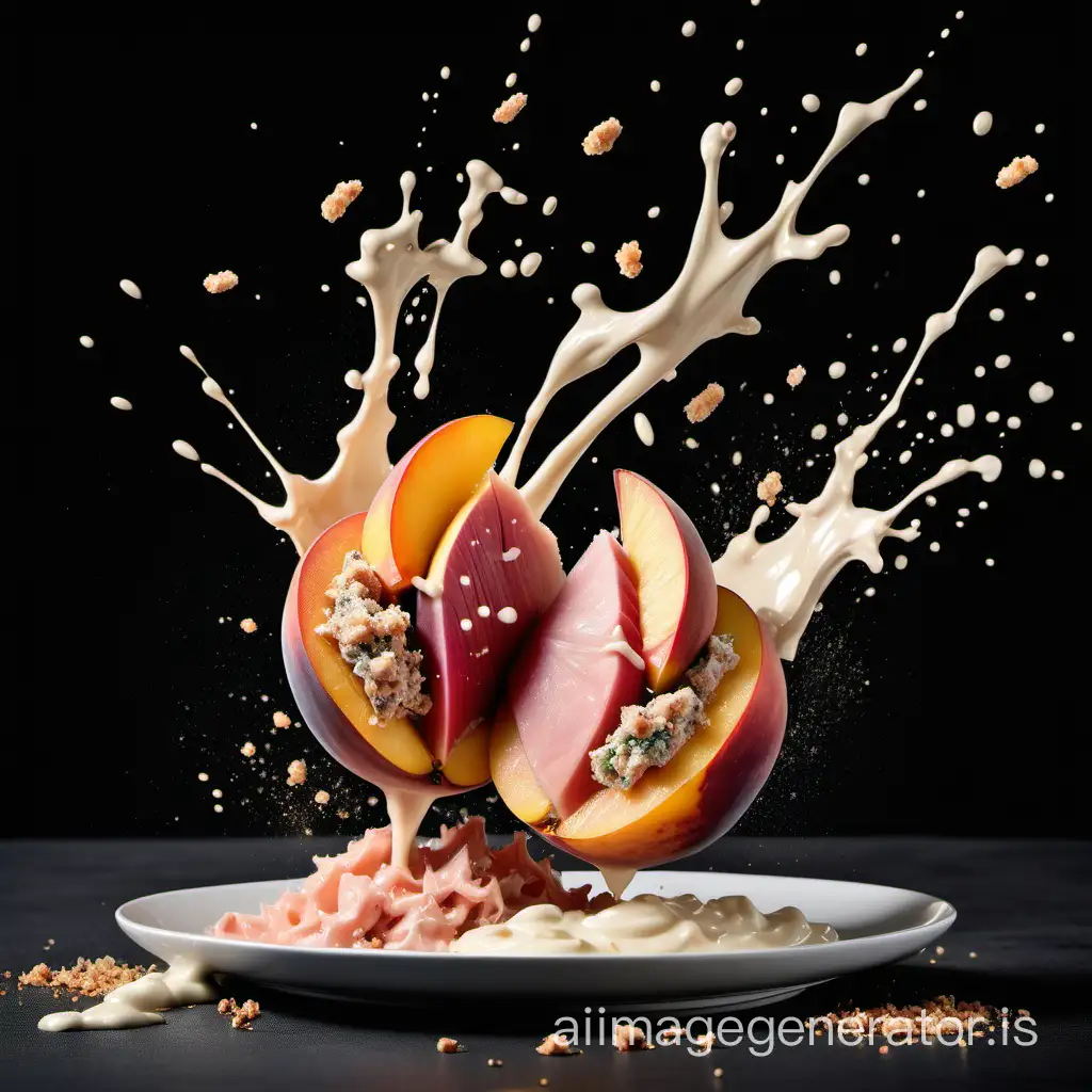 "Capture dynamic splashes of food in a flying food photography" with 2 half peaches as the main subject, showcasing splashes of tuna crumbs and mayonnaise