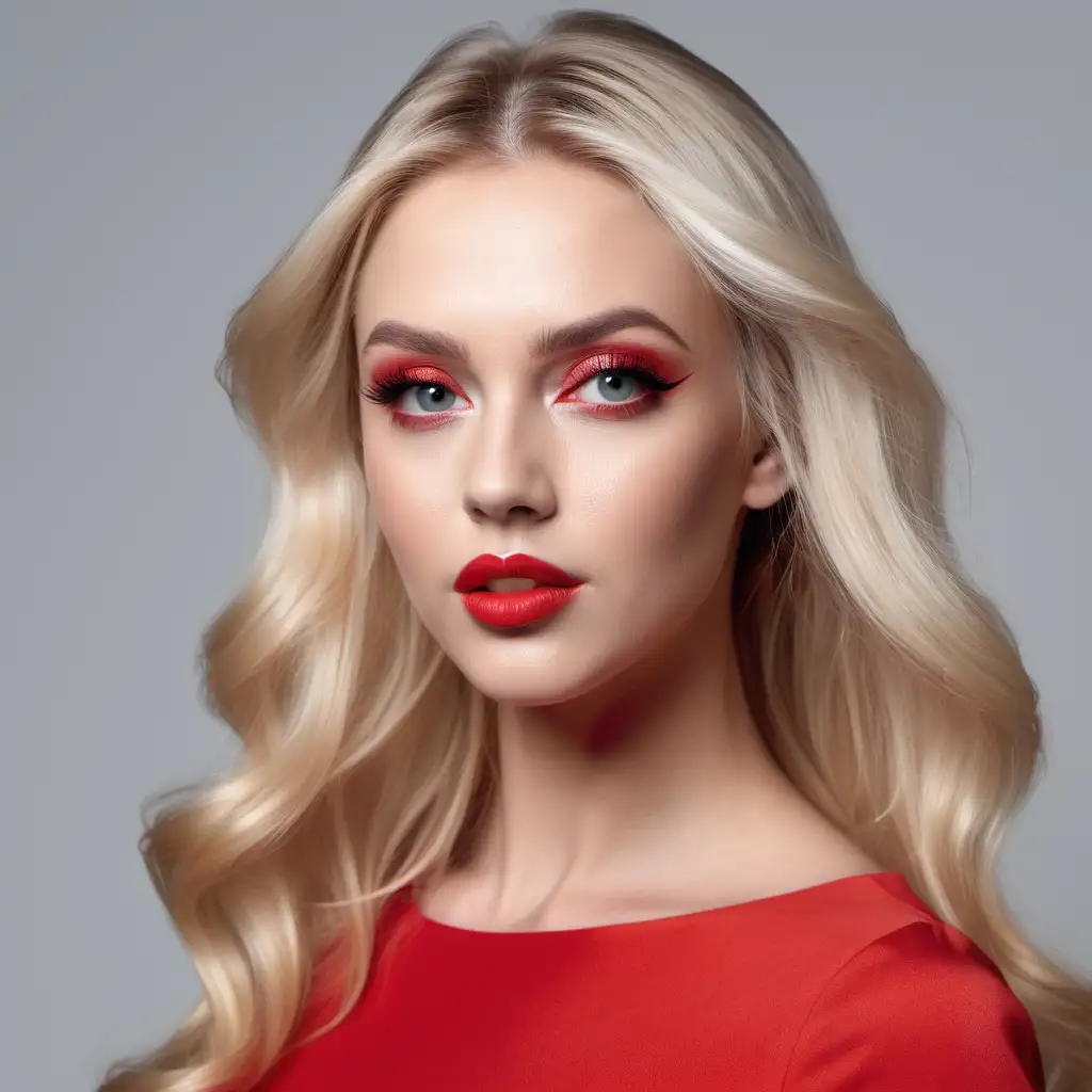 Stunning Blonde Woman with Perfect Makeup in Elegant Red Dress