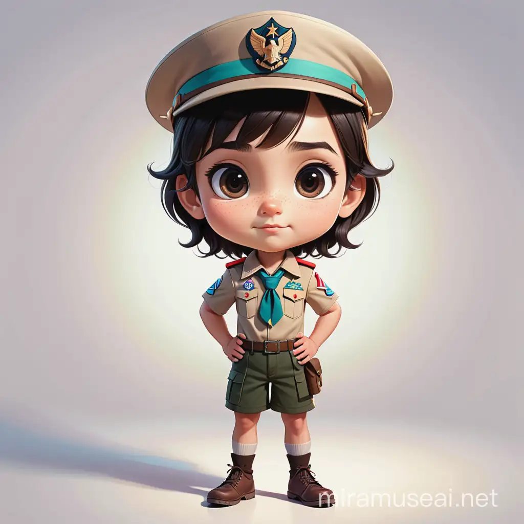 a male kid have 11 years old , have a dark brown hair , big dark black eyes, round face , light skin , scout uniform, show the full body of her. cartoon type . 