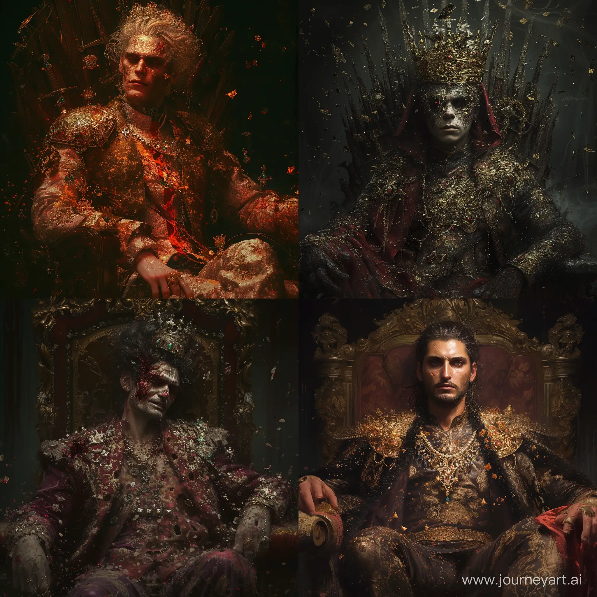 Impeccably handsome, Adorned in resplendent, regal attire adorned with fragments of shattered crowns and tarnished jewels, Seated upon a throne built from the crushed aspirations of those who dared challenge its prideful dominion, 1970's dark fantasy style, gritty, dark lighting, ultra detailed