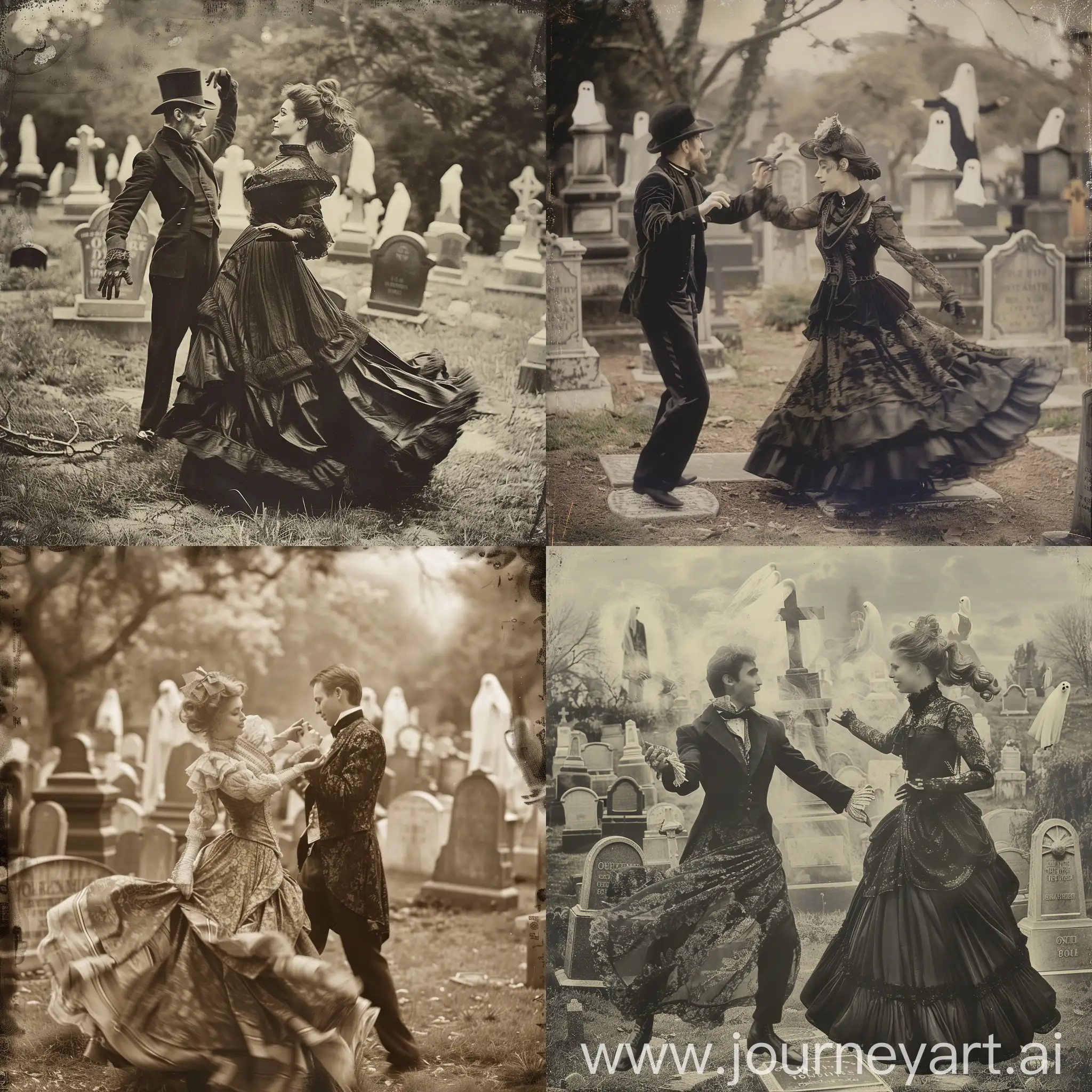 a photographic image of a beautiful victorian woman dancing in a cemetary with a handsome ghostly victorian man. in the background there are ghosts on some of the graves