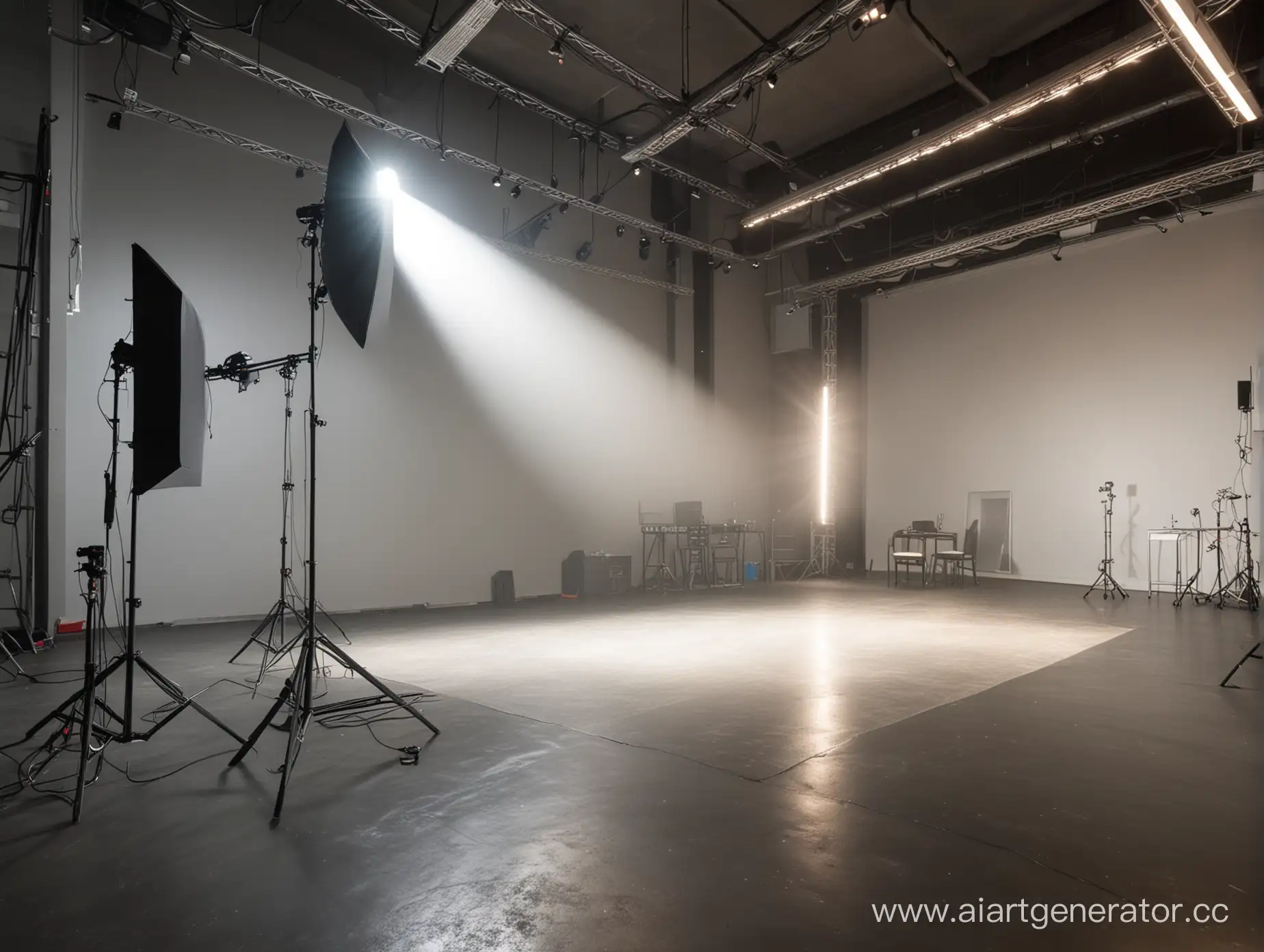 большая студия со сценой и большим количеством света и оборудования для съёмок 