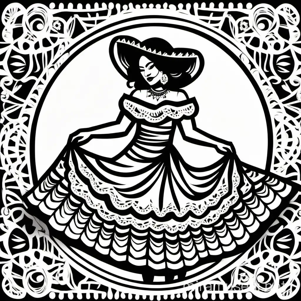 Simple, 2D, Papel picado of female Mexican dancer with flowing dress, black and white
