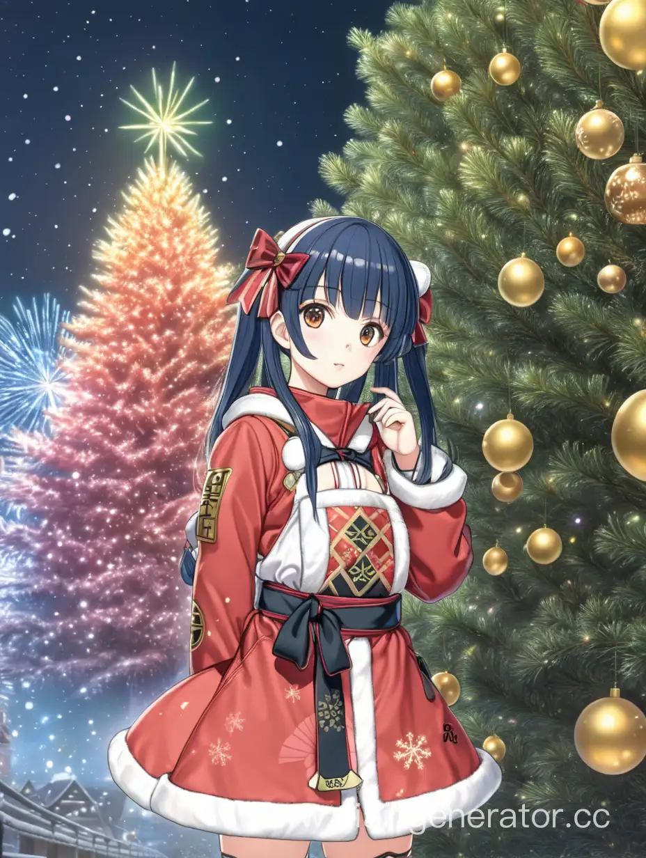 Adorable-Anime-Girl-in-Festive-New-Years-Costume-by-a-Decorated-Tree
