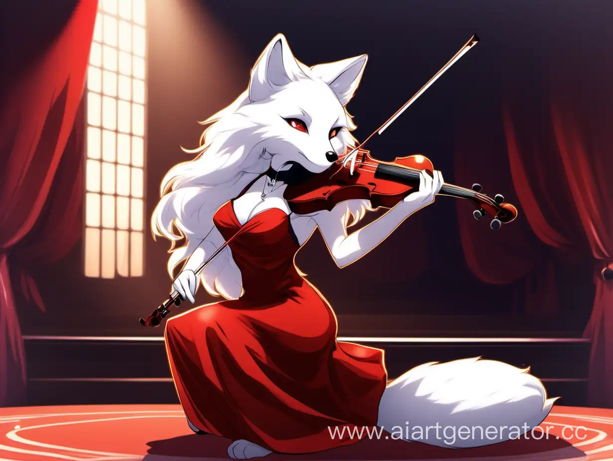 Elegant-White-Fox-Girl-Playing-Violin-in-Red-Dress-at-Solo-Concert