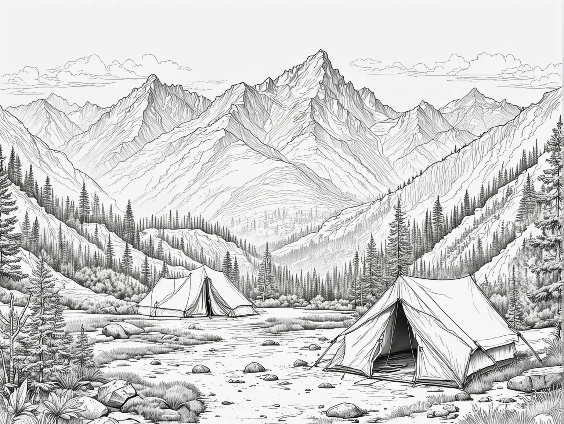 mountains camp, Coloring Page, black and white, line art, white background, Simplicity, Ample White Space. The background of the coloring page is plain white to make it easy for young children to color within the lines. The outlines of all the subjects are easy to distinguish, making it simple for kids to color without too much difficulty