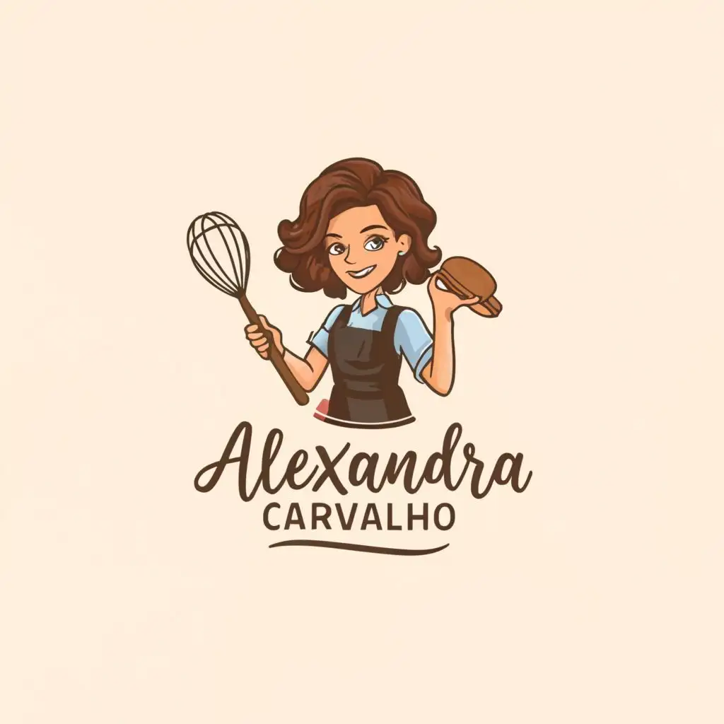 a logo design,with the text "Alexandra Carvalho", main symbol:girl with medium, brown curly hair and bangs, holding some kitchen tools,Moderate,be used in Restaurant industry,clear background