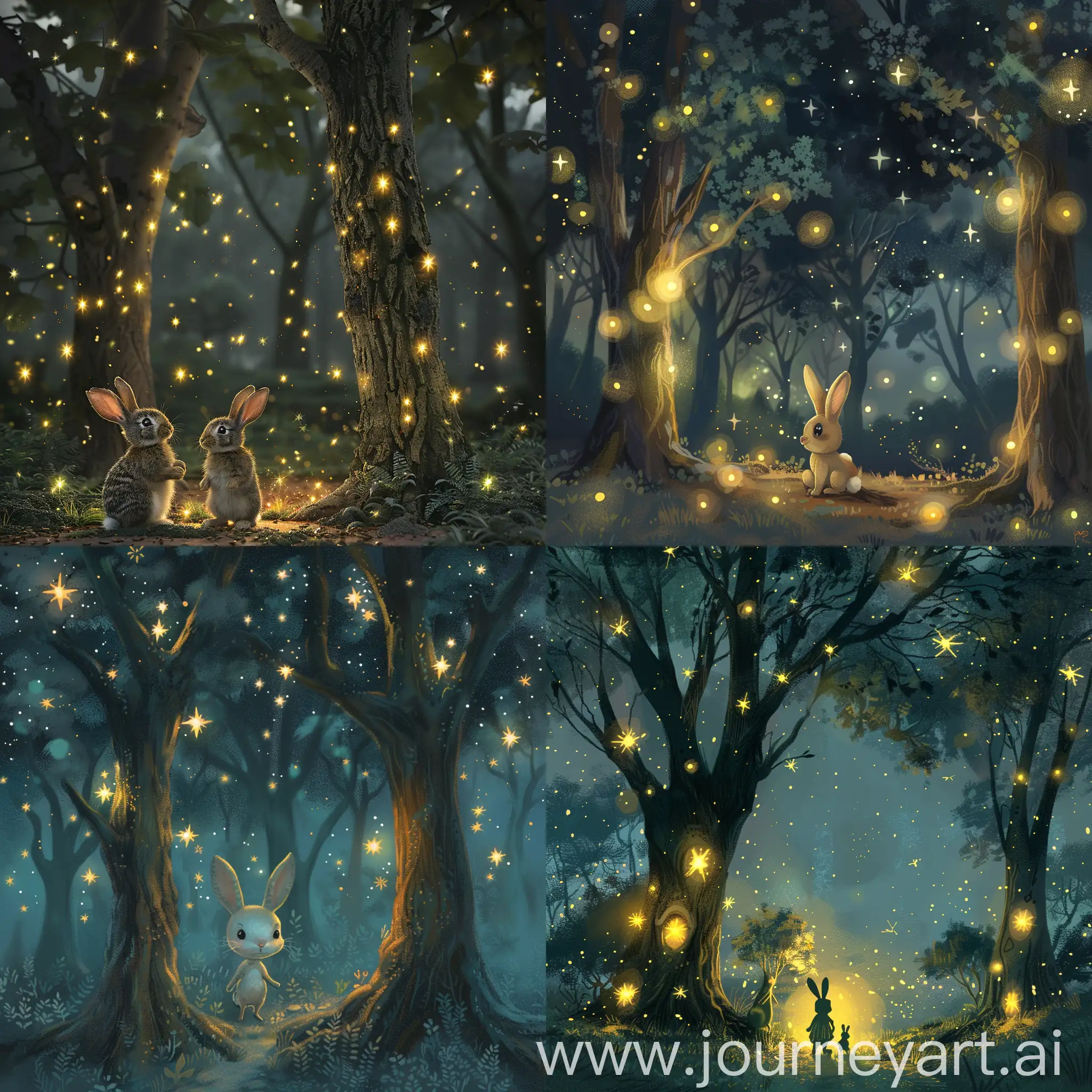 在一个遥远的魔法森林里，住着小兔子陶陶和他的爸爸妈妈。森林里的每一棵树都会发光，就像天上的星星。