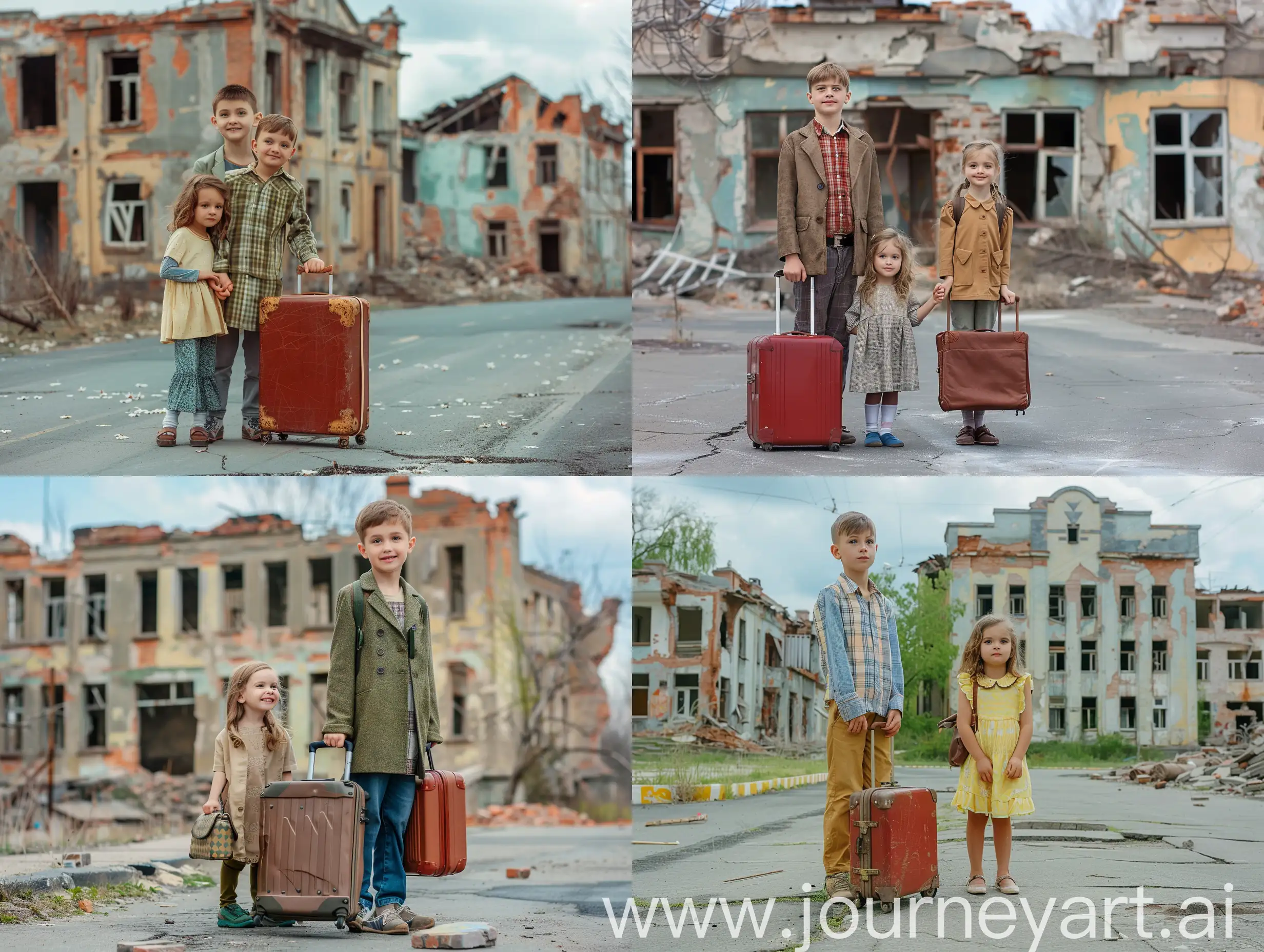 Счастливые мальчик с сестрой с чемоданами стоят напротив здания разрушенной школы, на улице весна.