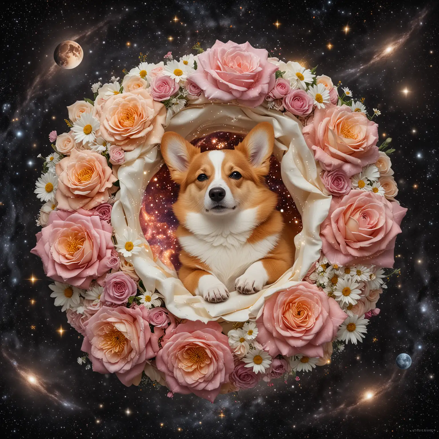 The sweet baby corgi curled up asleep in the  giant flower, floating in space with constellations and ringed planets, cosmic winds swirl around the white petals of the rose