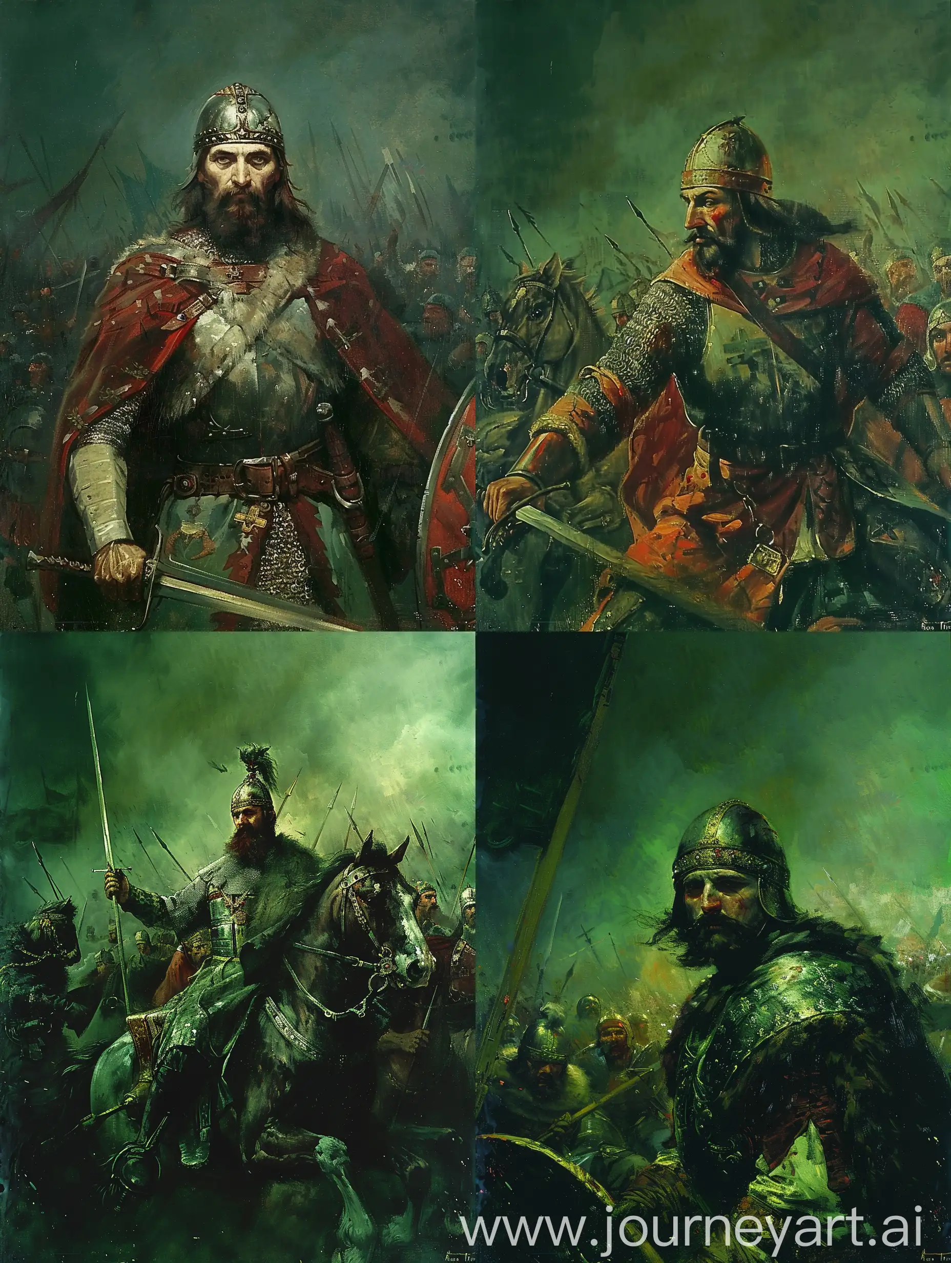 A painting of Sviatoslav I grand prince of Kiev during a battle. The background is dark green.