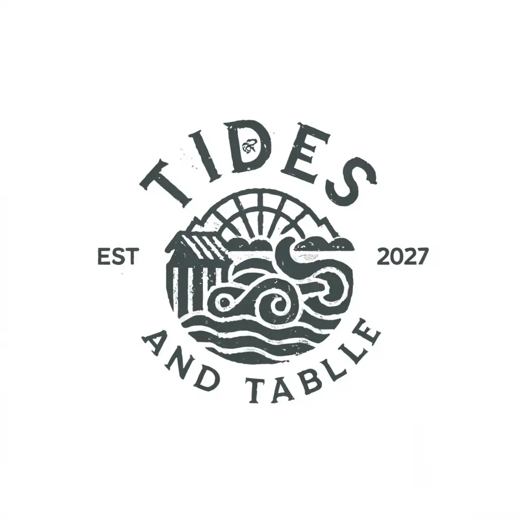 a logo design,with the text "Tides and Table", main symbol:Beach, Seafood, Prawns,complex,be used in Restaurant industry,clear background