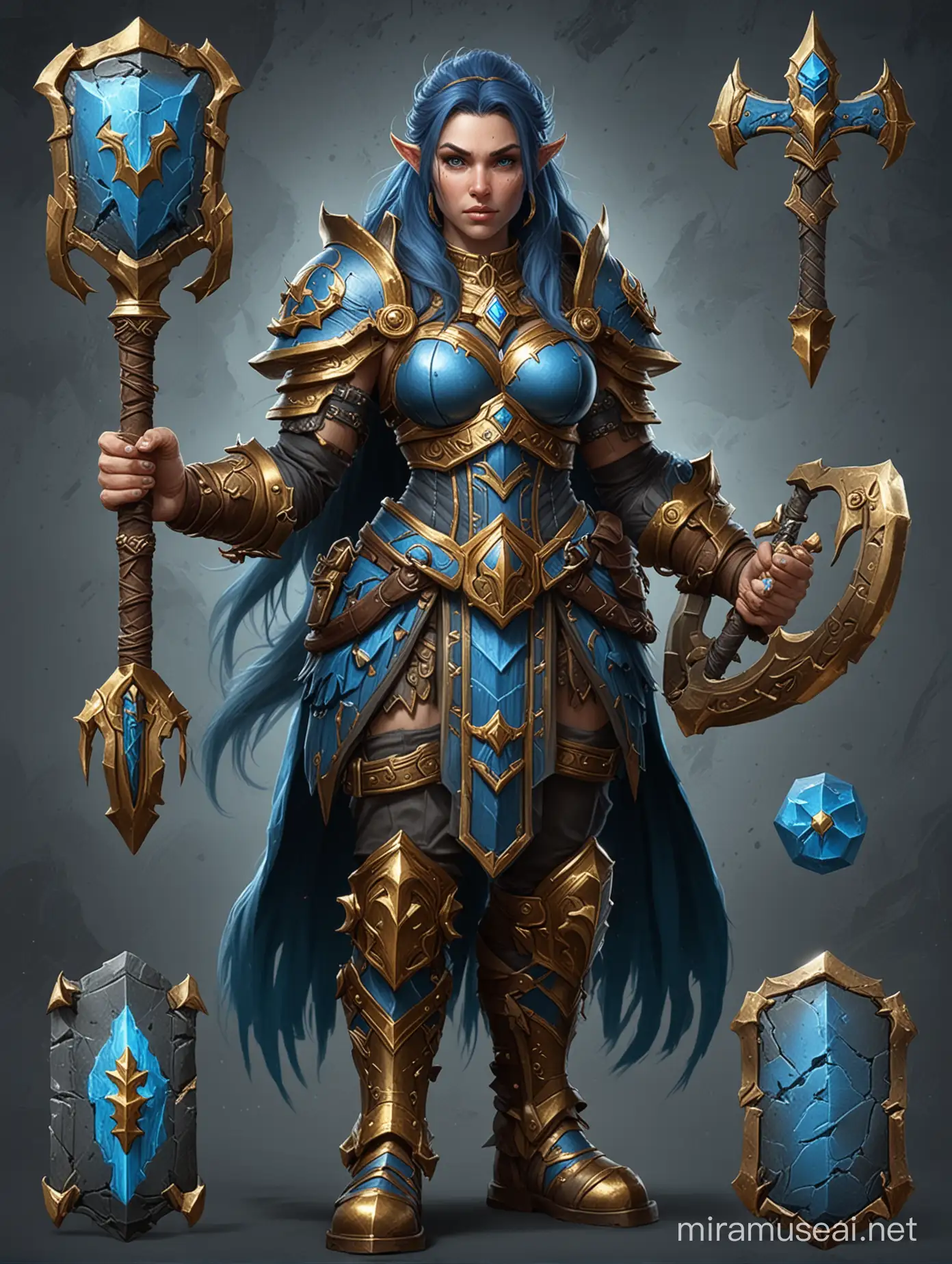 fantasy game blue dwarf warrior female character card variations, dark stone surface textures with gold accents, digital painting, game art, blizzard art style, art station