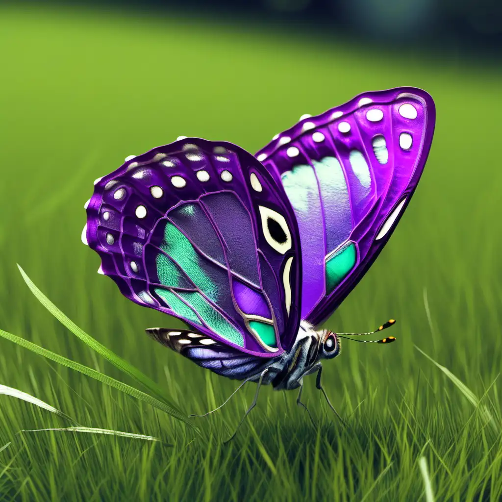 Graceful Butterfly Resting on Verdant Grass with Majestic Purple Wings