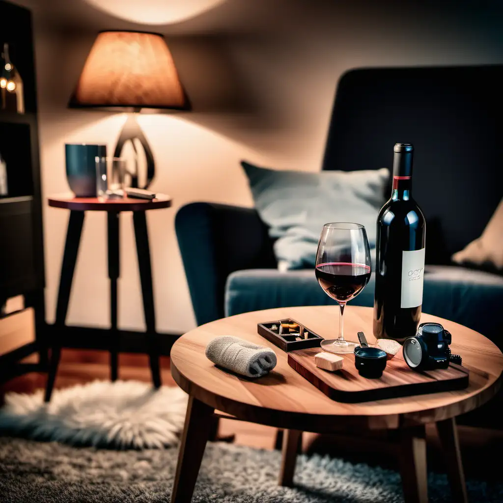 A cozy setup with wine accessories arranged next to a comfy chair, inviting relaxation. Keywords: Cozy, relaxation, evening. Camera: Smartphone. Lens: Wide-angle. Post Processing: neutral cool tones.