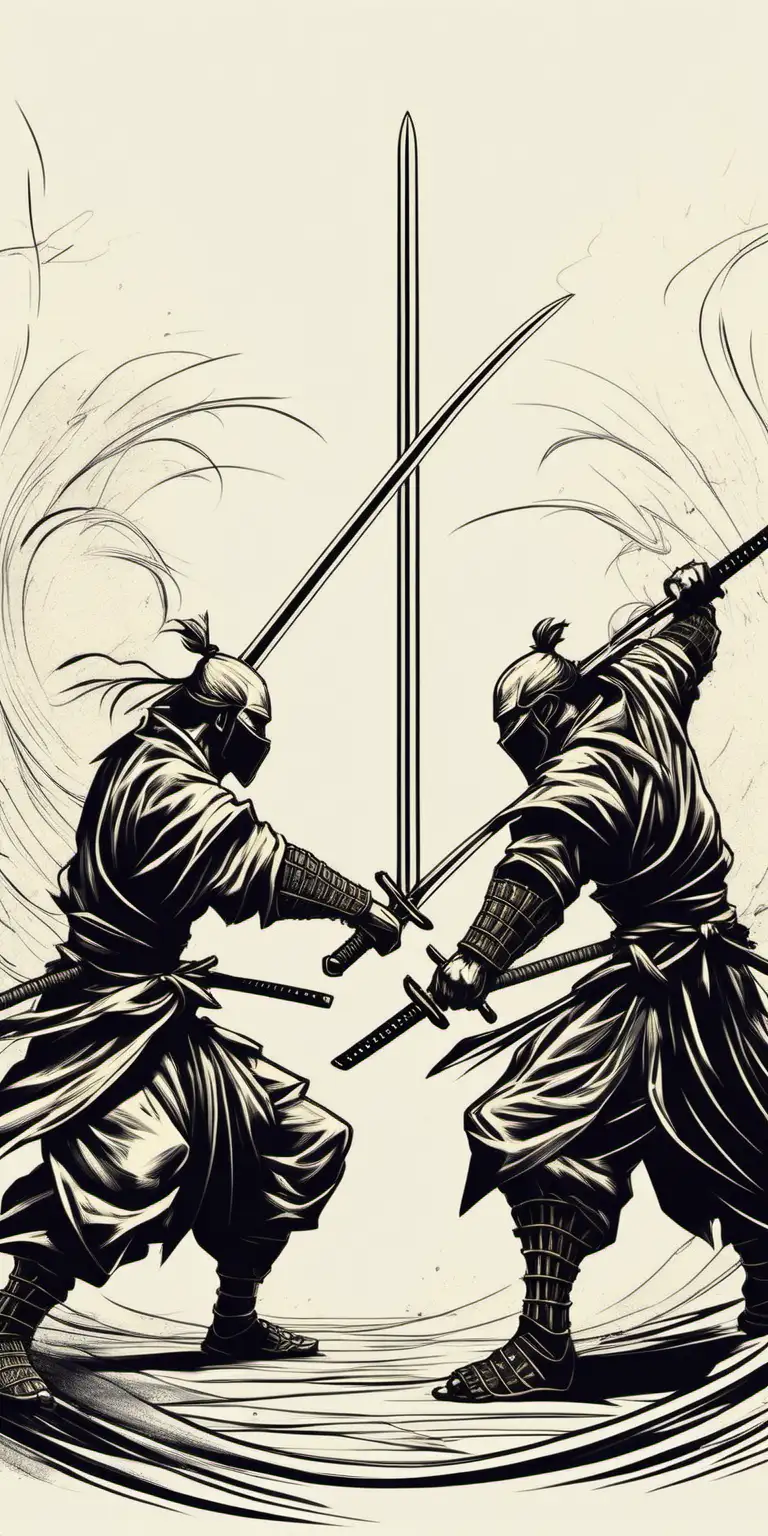 Two Ronin facing each other in combat. One with sword high, one with sword low. Simple line art
