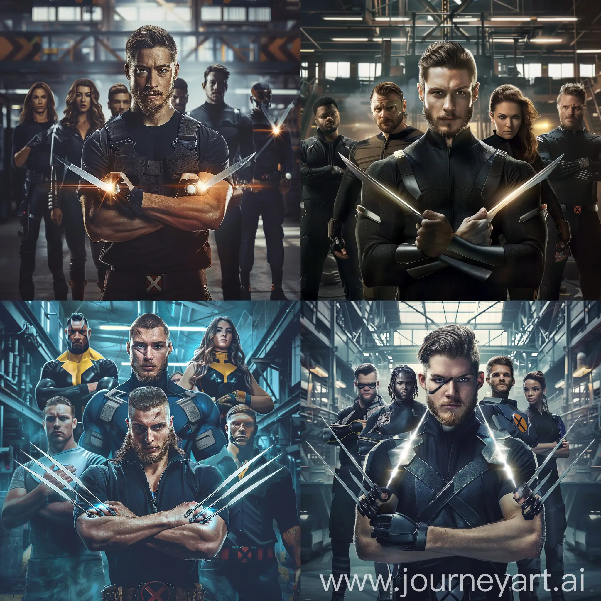 A handsome young man with short beard and long hair holding two sharp solid light constructs  on both hands, Cyclops from x-men standing in front of him with crossed arms. Some of the team members of x-men are standing behind Cyclops,  in a factory.
