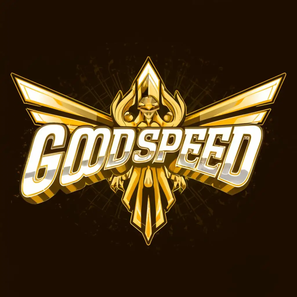 a logo design,with the text "GodSpeed", main symbol:A super god speed logo it has a cool font and it's main color is white and yellow and he has big glowing wings and it has a white and gold background it has the name GODSPEED on top of the slogan and the slogan is I AM GODSPEED.,Moderate,clear background